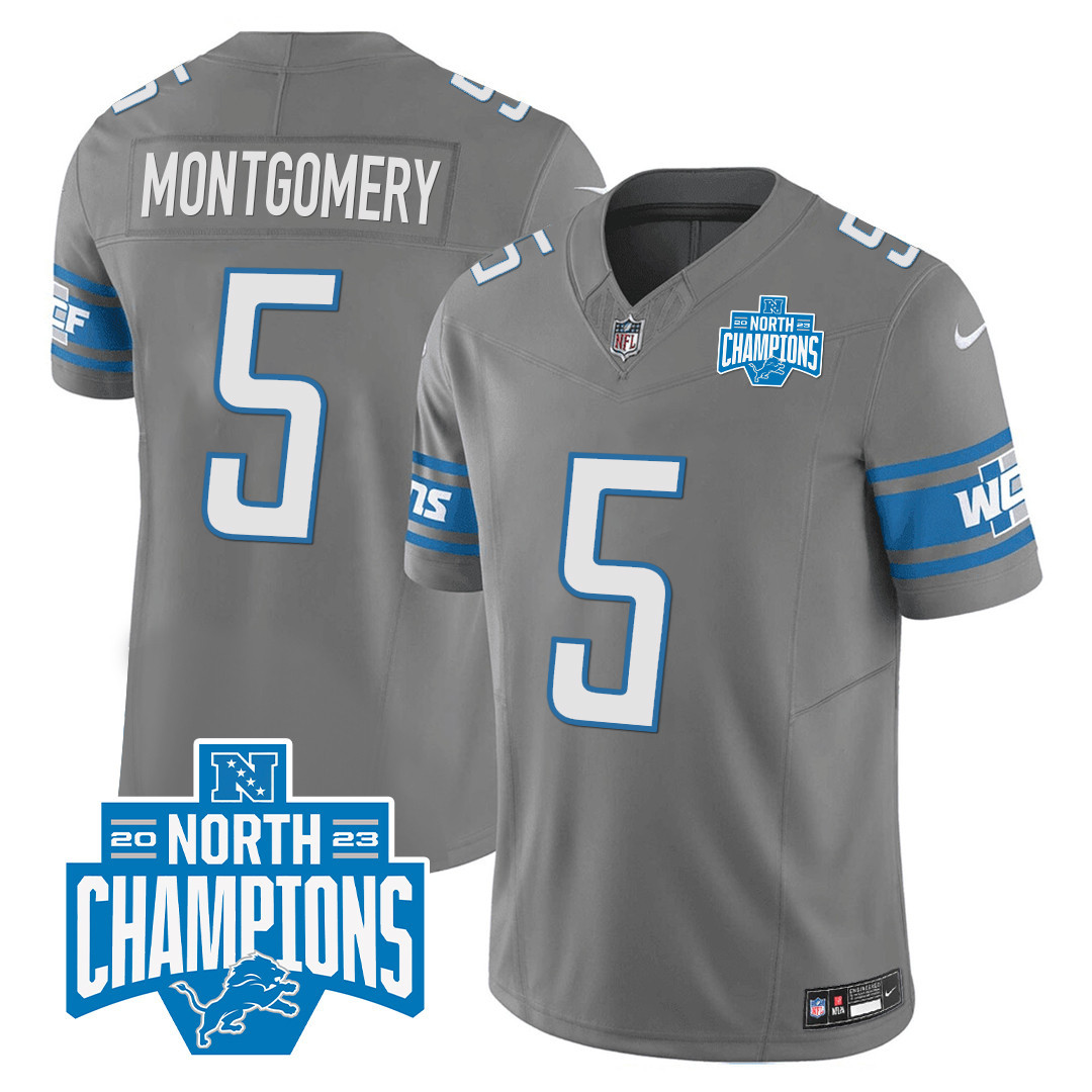 David Montgomery Men's Detroit Lions 2023 NFC North Division Champions Patch Vapor Gray Jersey - All Stitched 