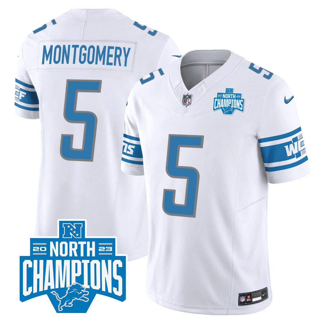 David Montgomery Men's Detroit Lions 2023 NFC North Division Champions Patch Vapor White Jersey - All Stitched 