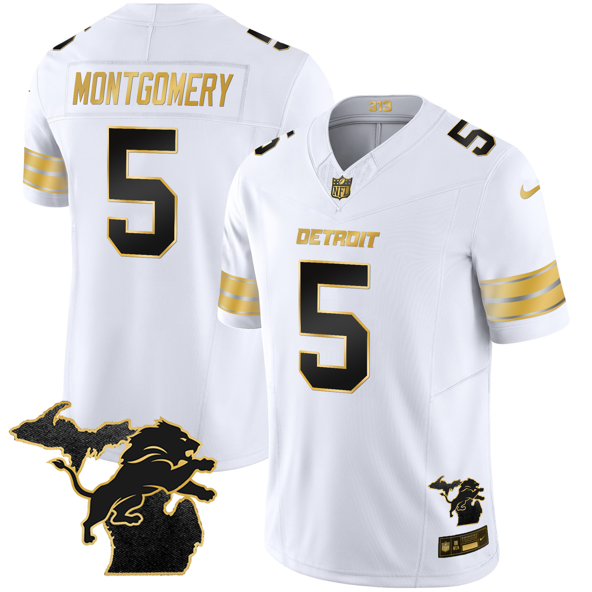 David Montgomery Men's Detroit Lions 2024 Michigan Patch Gold Vapor White Gold Jersey - All Stitched 