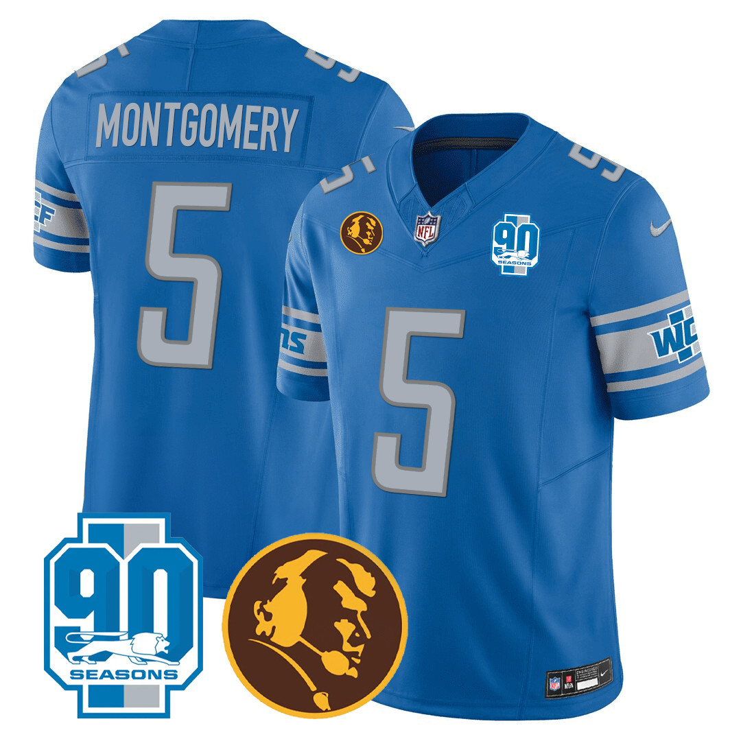 David Montgomery Men's Detroit Lions 90th & John Madden Patch Blue Jersey - All Stitched 