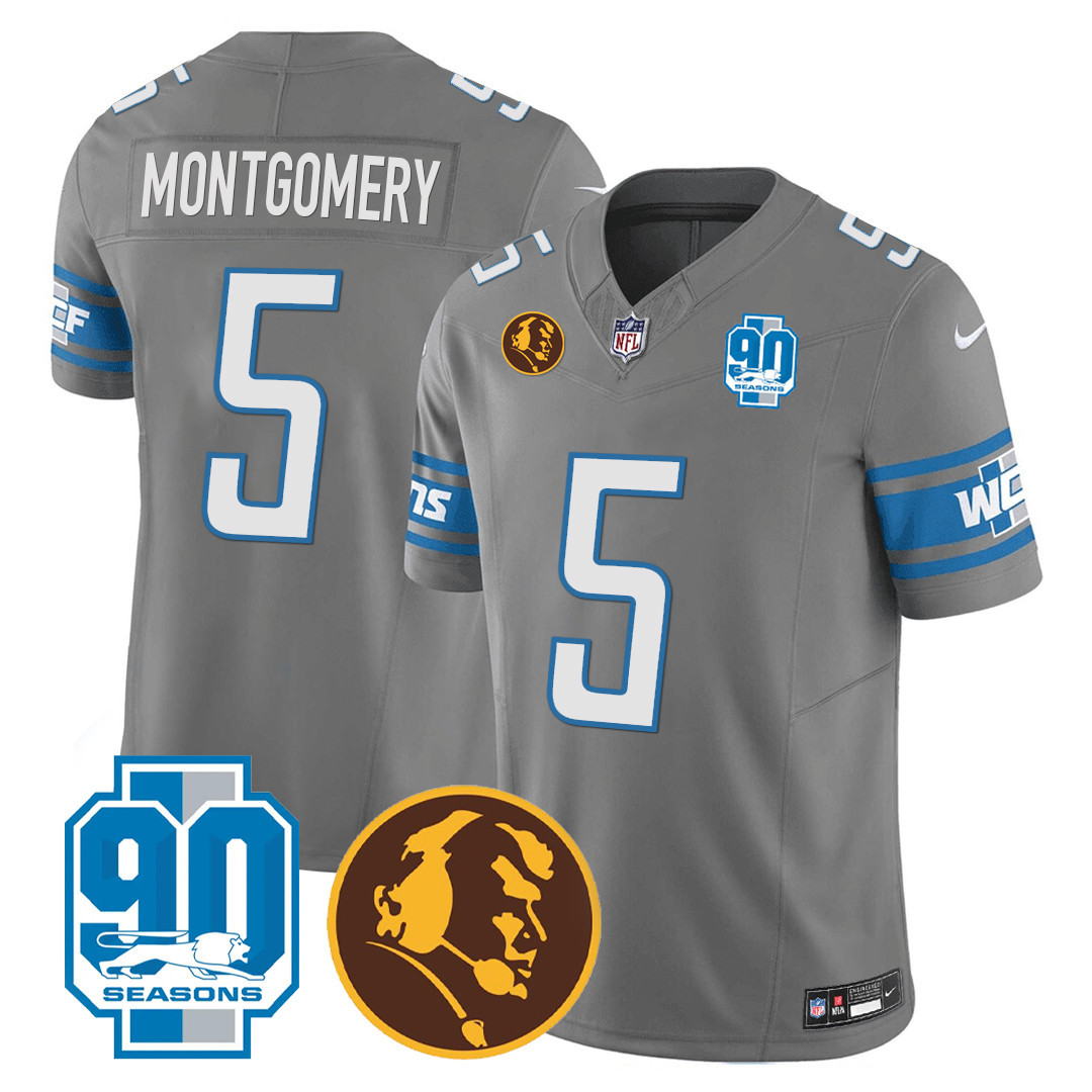 David Montgomery Men's Detroit Lions 90th & John Madden Patch Gray Jersey - All Stitched 