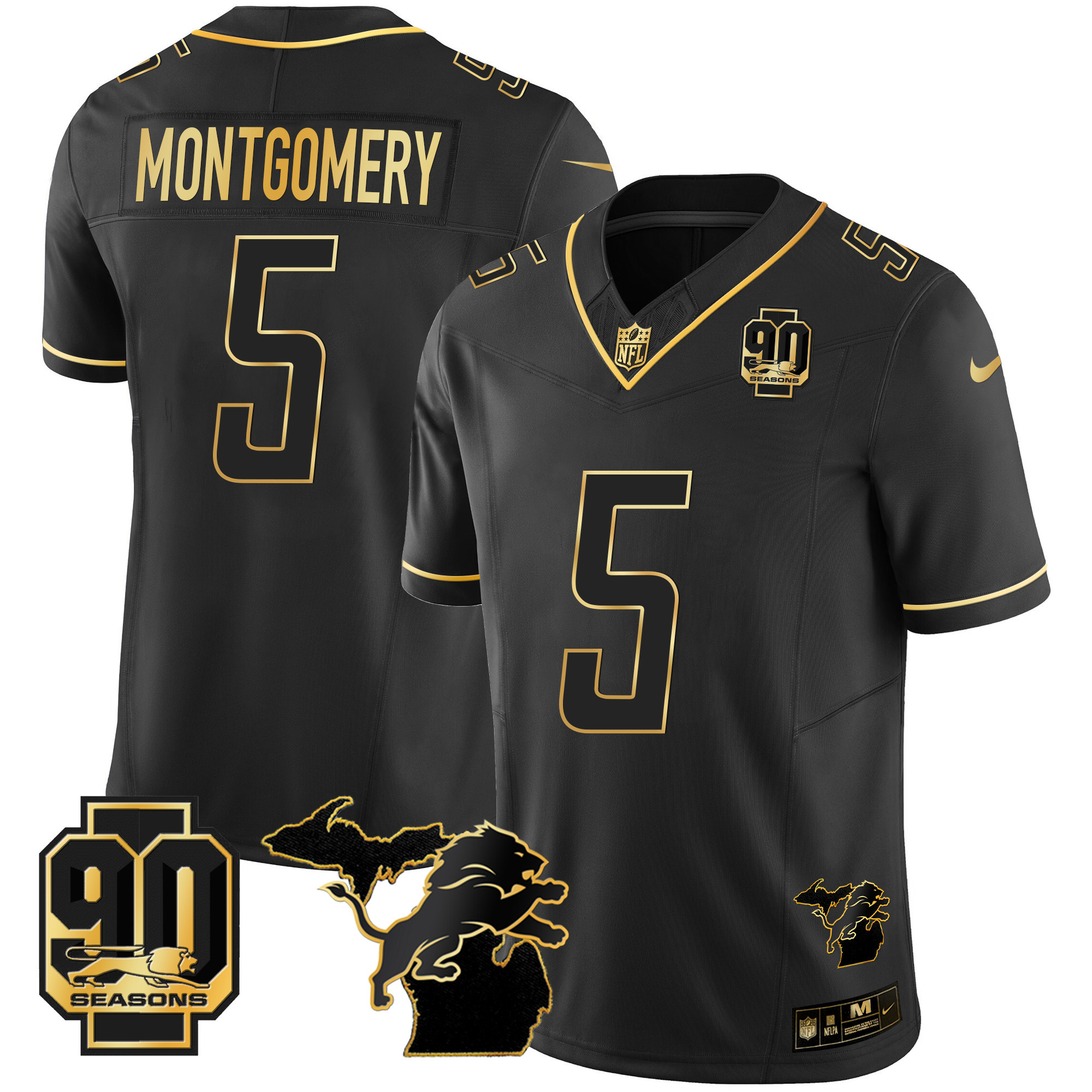 David Montgomery Men's Detroit Lions 90th Year & Michigan Patch Gold Vapor Black Gold Jersey - All Stitched 