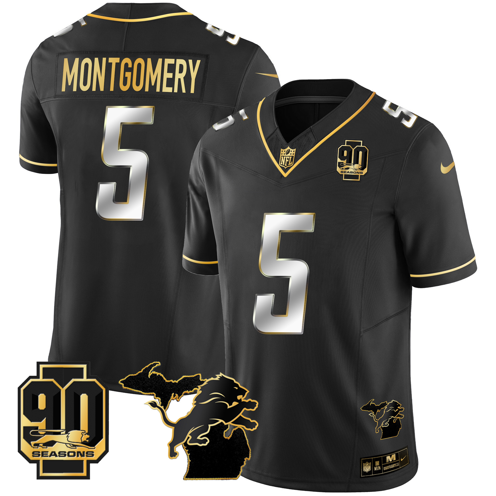 David Montgomery Men's Detroit Lions 90th Year & Michigan Patch Gold Vapor Black Limited Jersey - All Stitched 