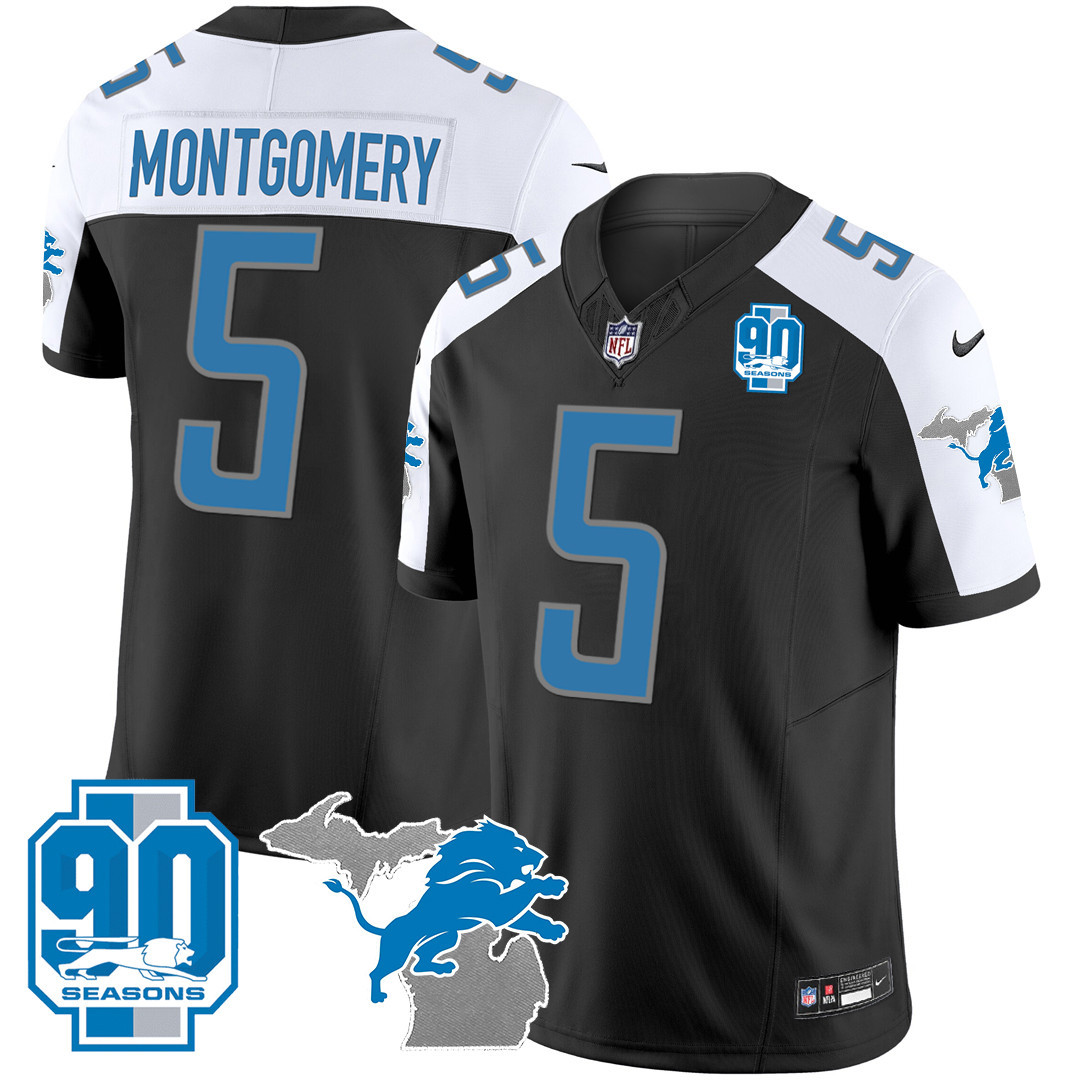 David Montgomery Men's Detroit Lions 90th Year & Michigan Patch Vapor Black Alternate Jersey - All Stitched 
