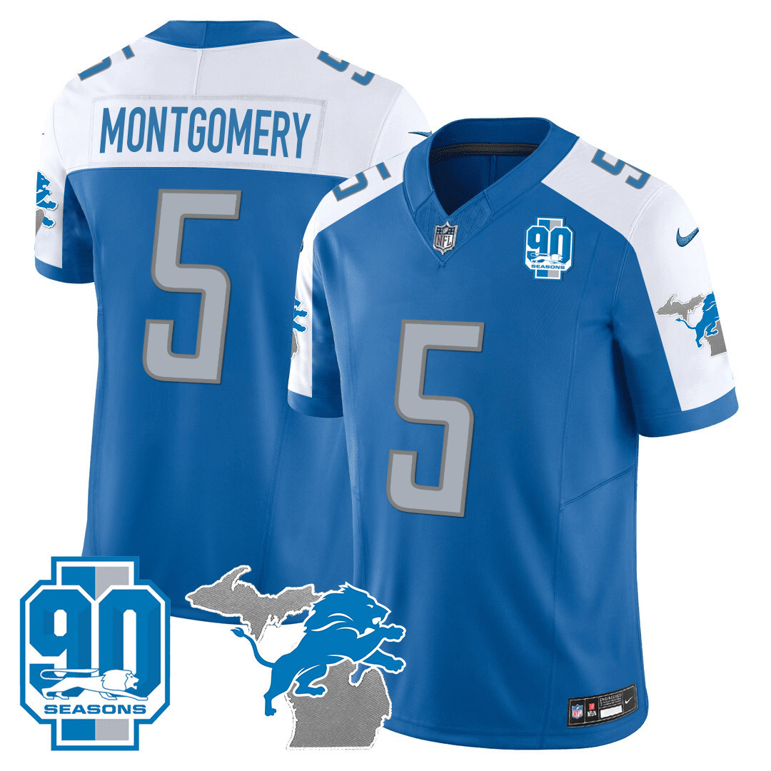 David Montgomery Men's Detroit Lions 90th Year & Michigan Patch Vapor Blue Alternate Jersey - All Stitched 