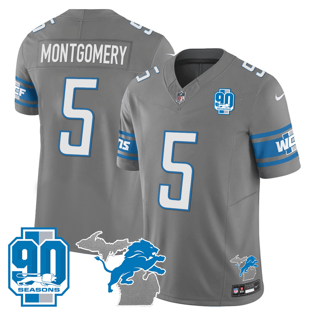 David Montgomery Men's Detroit Lions 90th Year & Michigan Patch Vapor Gray Jersey - All Stitched 