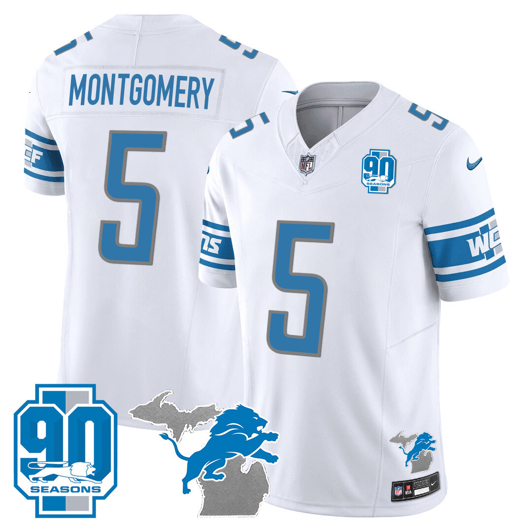 David Montgomery Men's Detroit Lions 90th Year & Michigan Patch Vapor White Jersey - All Stitched 