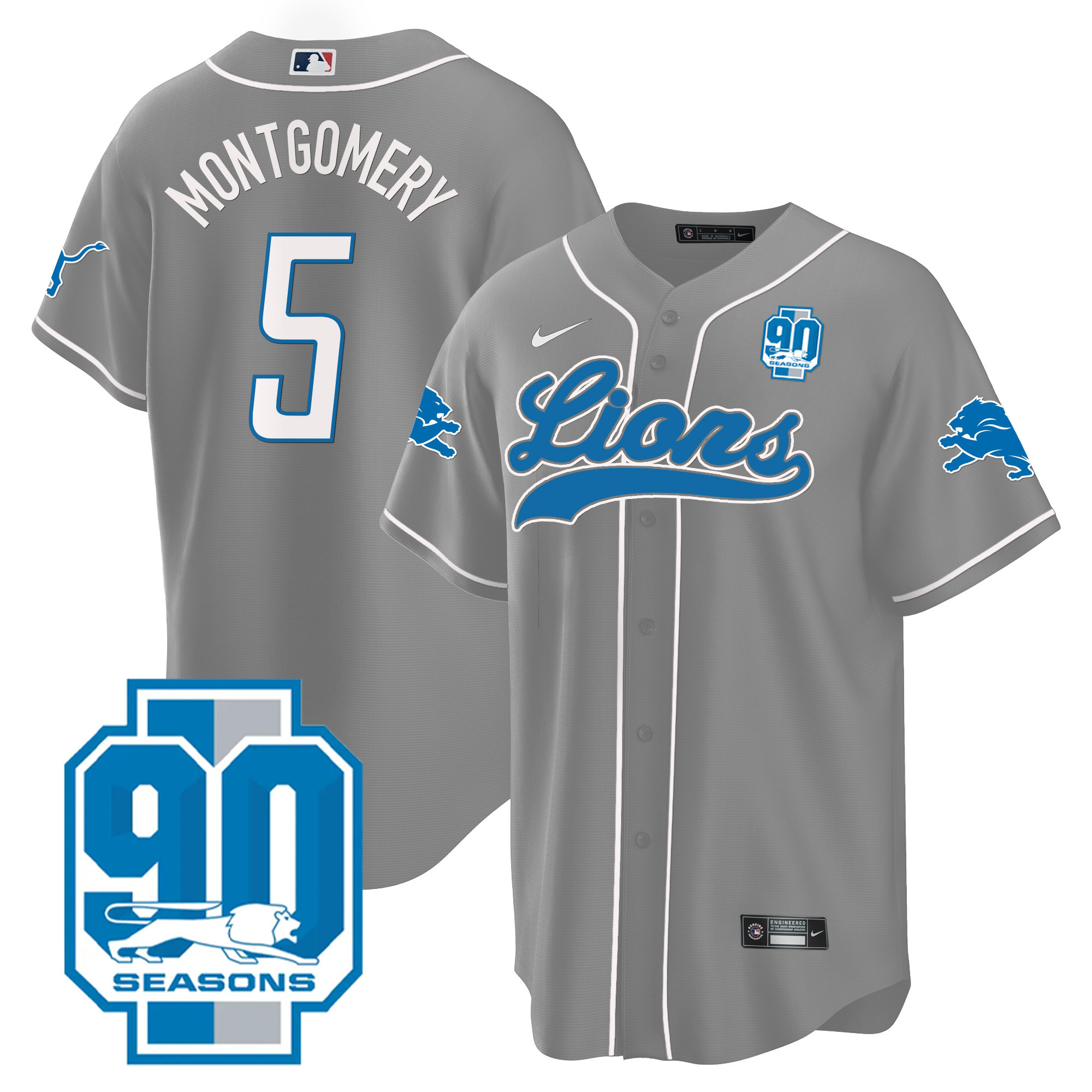 David Montgomery Men's Detroit Lions 90th Year Patch Baseball Gray Jersey - All Stitched 