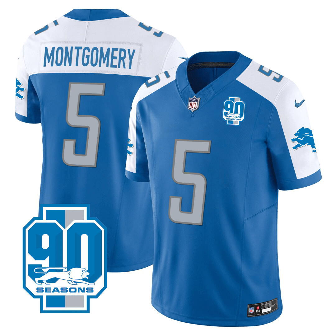 David Montgomery Men's Detroit Lions 90th Year Patch Blue Alternate Jersey - All Stitched 