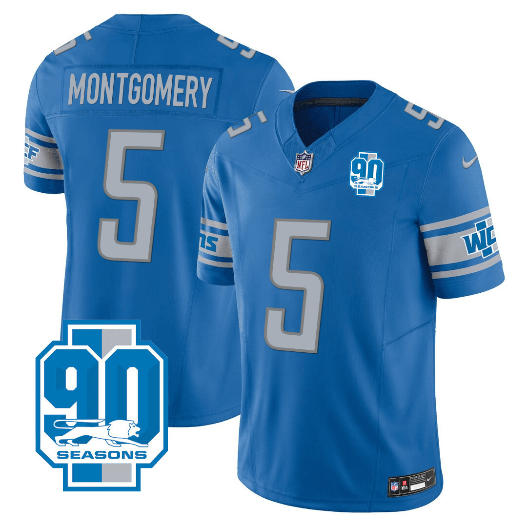 David Montgomery Men's Detroit Lions 90th Year Patch Blue Jersey - All Stitched 