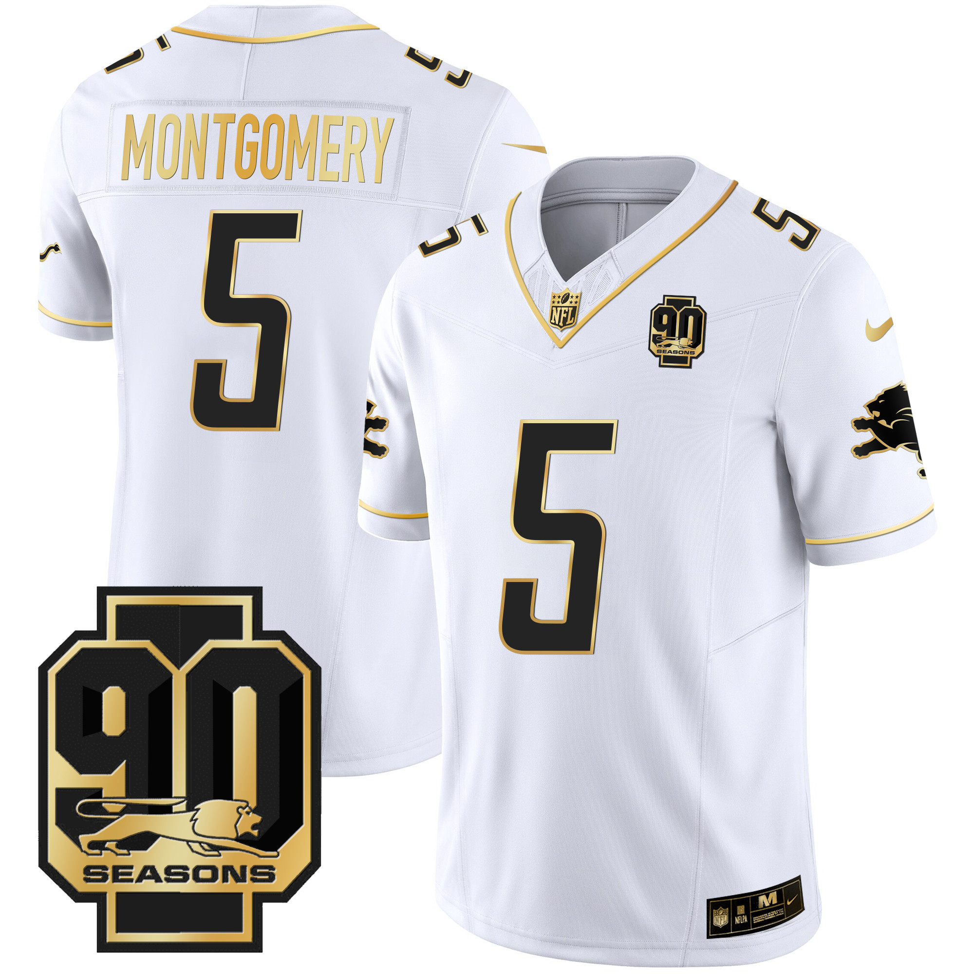 David Montgomery Men's Detroit Lions 90th Year Patch Gold White Gold Jersey - All Stitched 