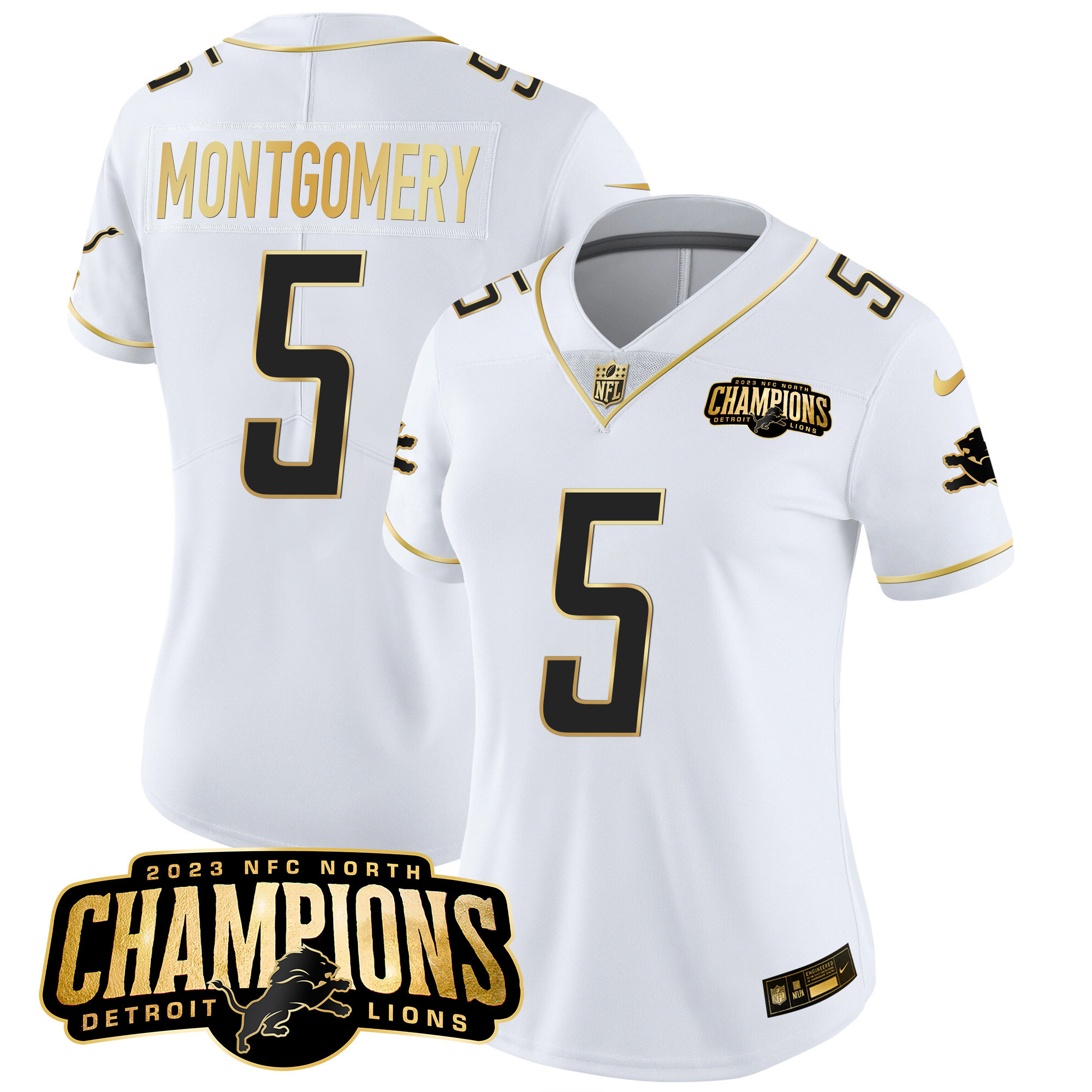 David Montgomery Women's Detroit Lions 2023 NFC North Champions Patch Gold Vapor White Gold Jersey - All Stitched 