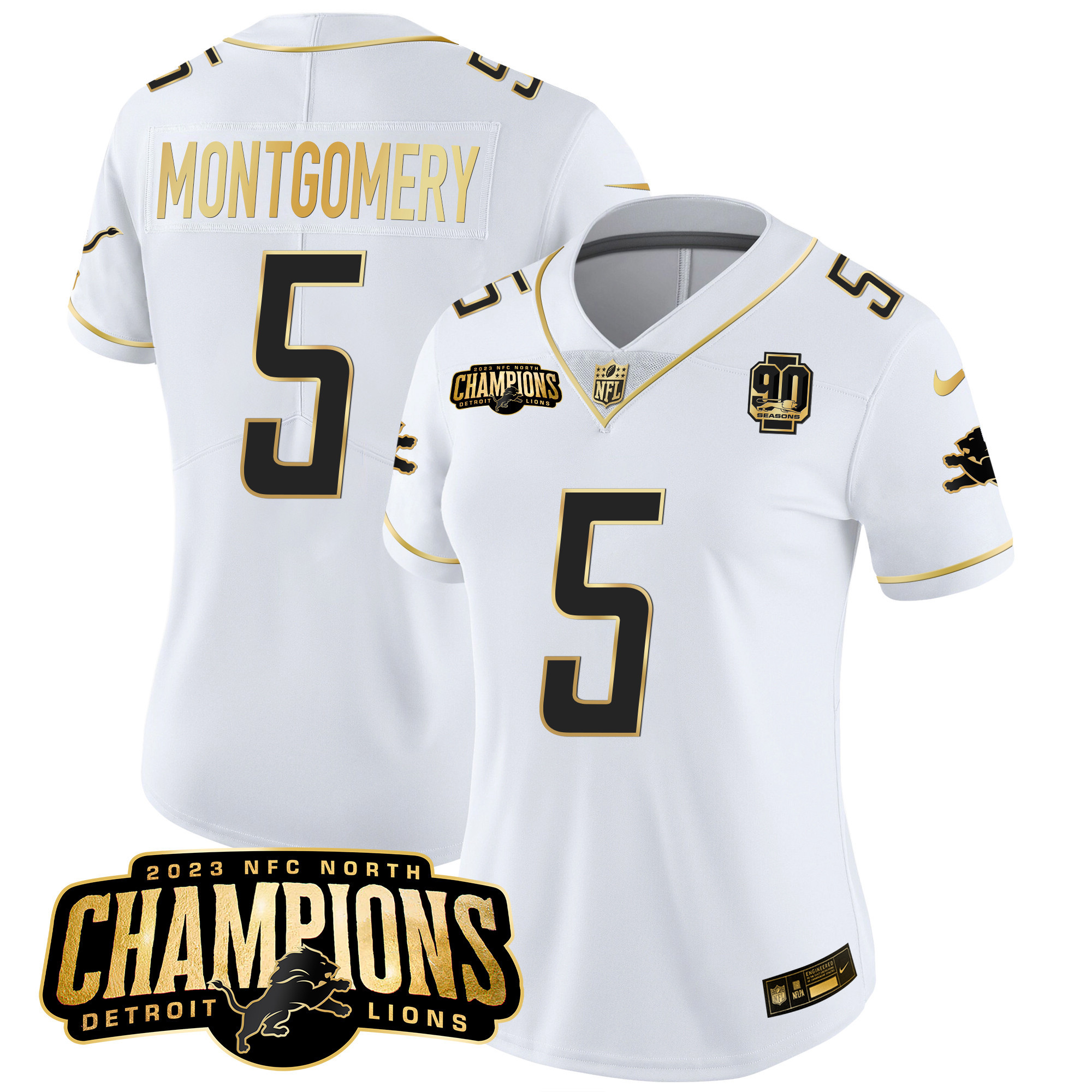 David Montgomery Women's Detroit Lions 2023 NFC North Champions Patch Gold Vapor White Gold Jersey - All Stitched 