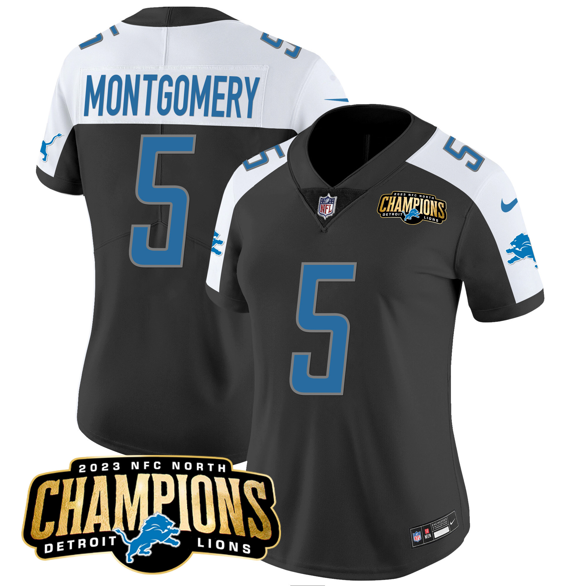 David Montgomery Women's Detroit Lions 2023 NFC North Champions Patch Vapor Black Alternate Jersey - All Stitched 
