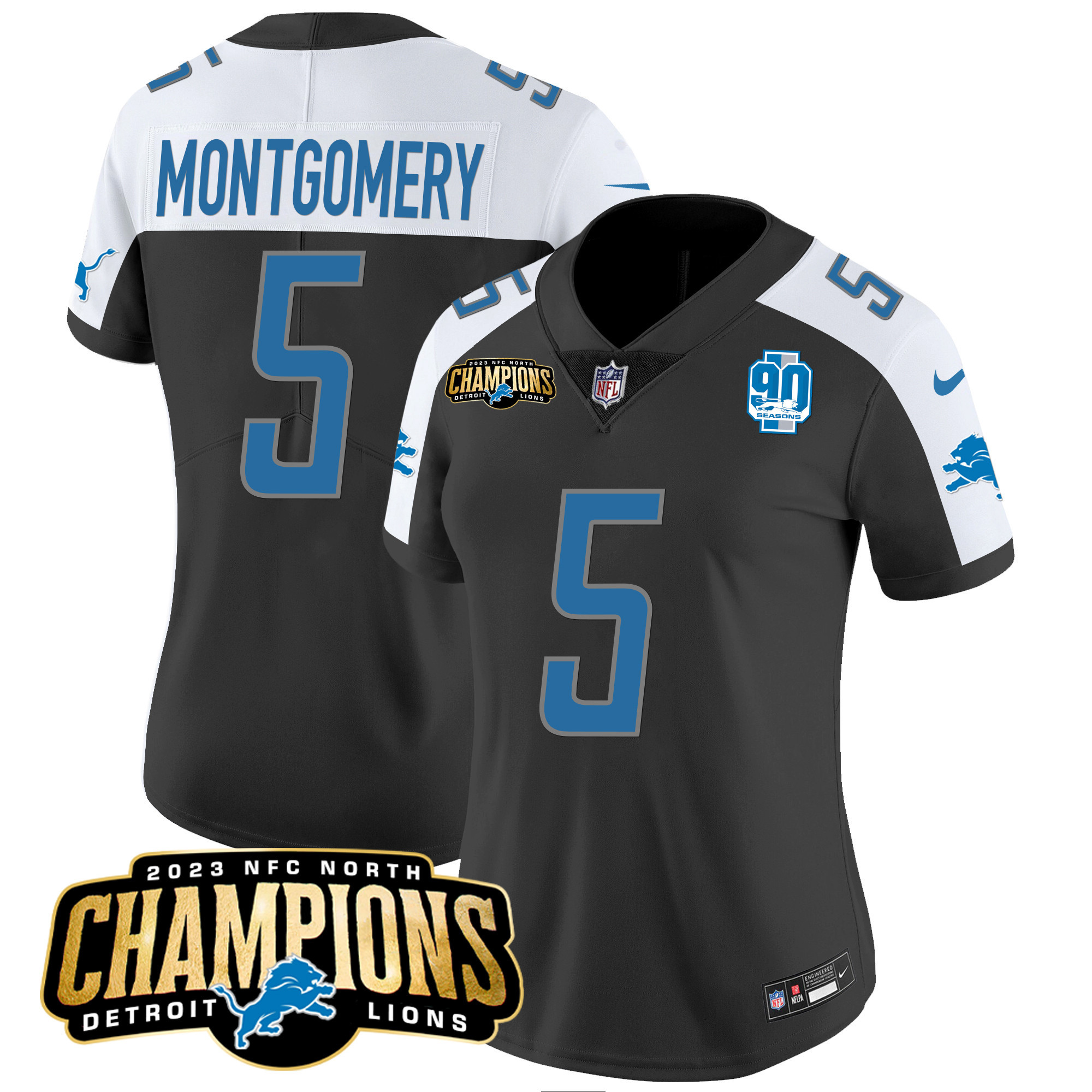 David Montgomery Women's Detroit Lions 2023 NFC North Champions Patch Vapor Black Alternate Jersey - All Stitched 