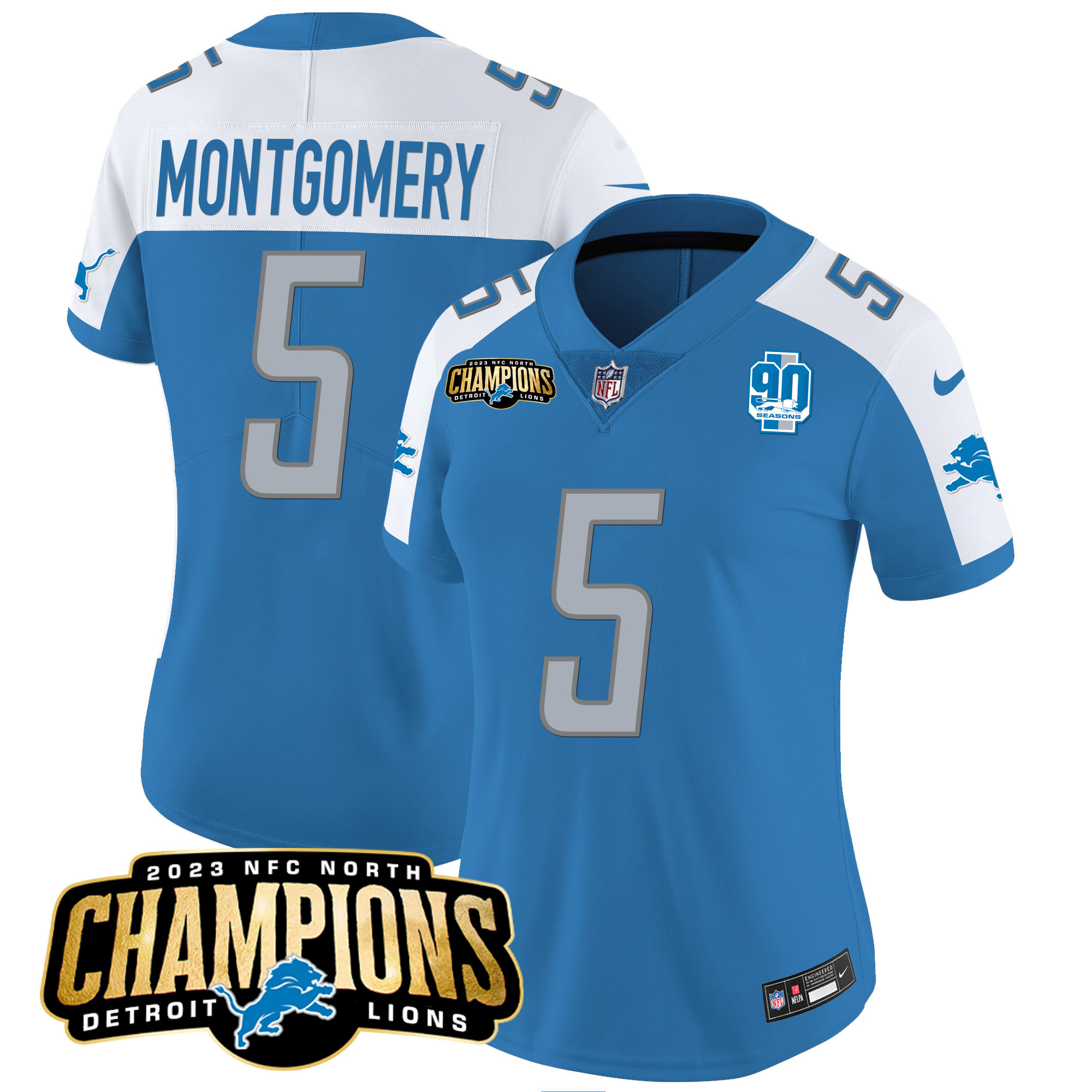 David Montgomery Women's Detroit Lions 2023 NFC North Champions Patch Vapor Blue Alternate Jersey - All Stitched 