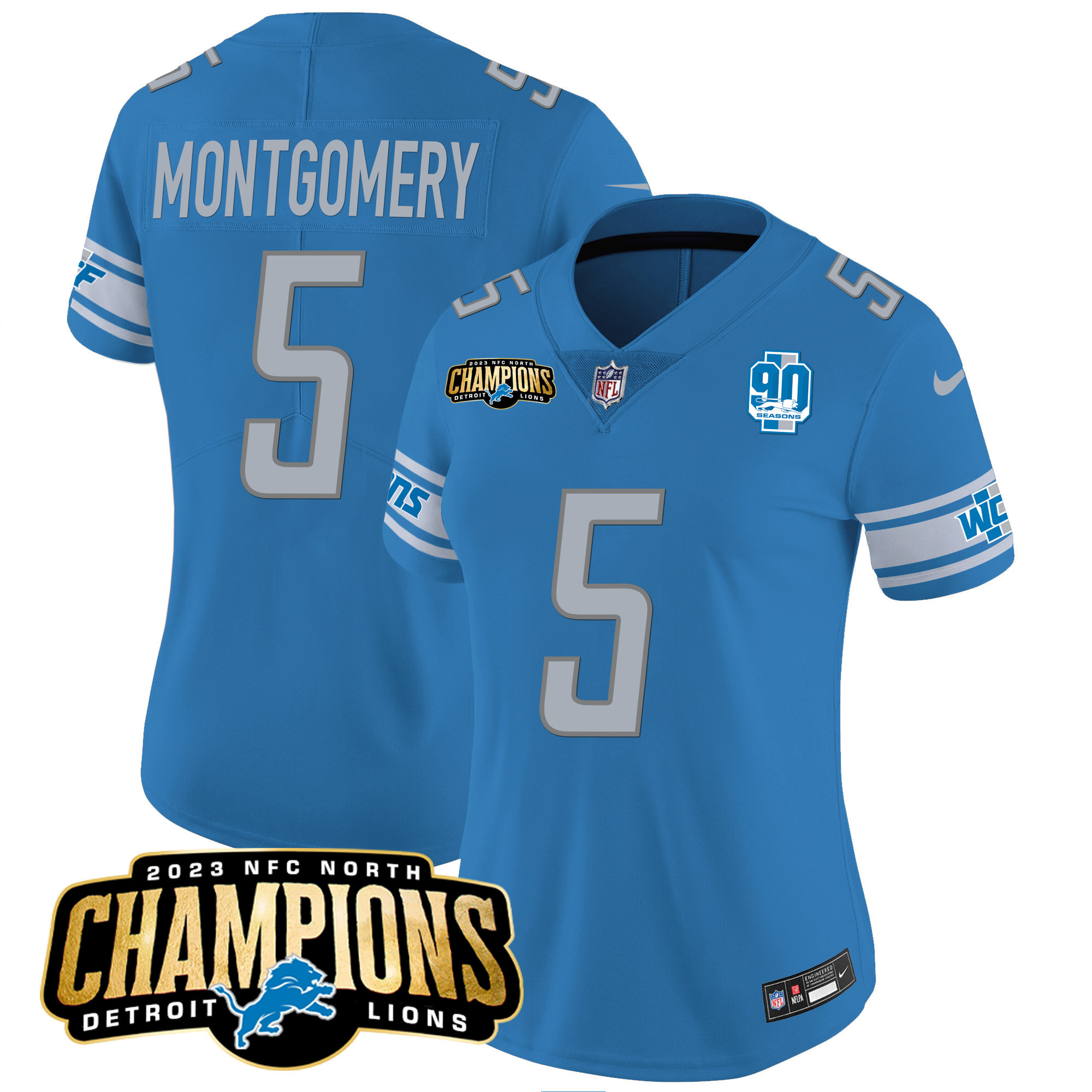 David Montgomery Women's Detroit Lions 2023 NFC North Champions Patch Vapor Blue Jersey - All Stitched 