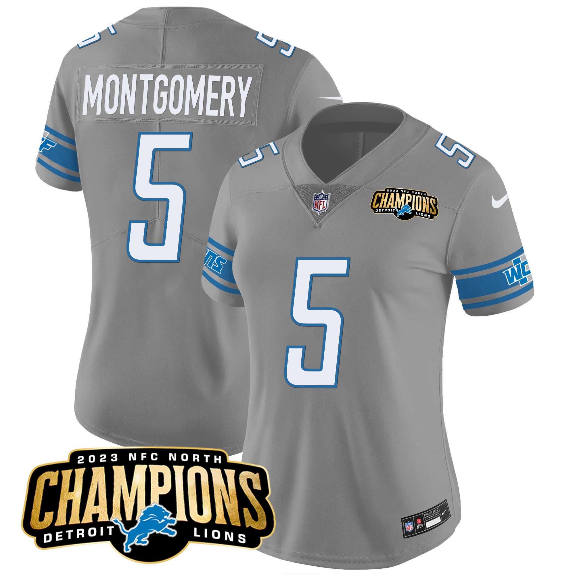 David Montgomery Women's Detroit Lions 2023 NFC North Champions Patch Vapor Gray Jersey - All Stitched 