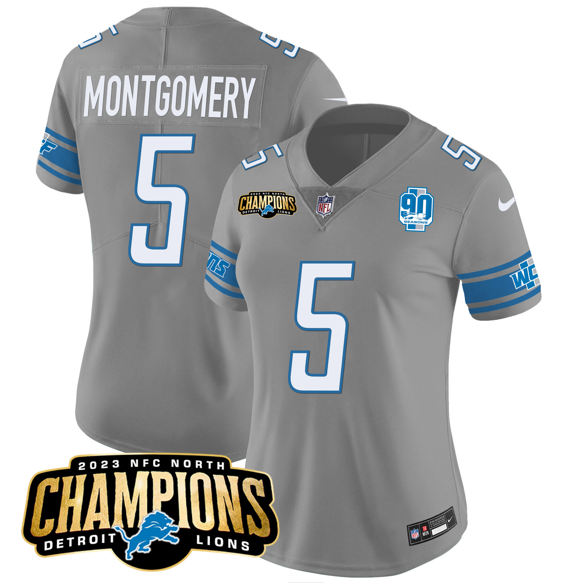 David Montgomery Women's Detroit Lions 2023 NFC North Champions Patch Vapor Gray Jersey - All Stitched 