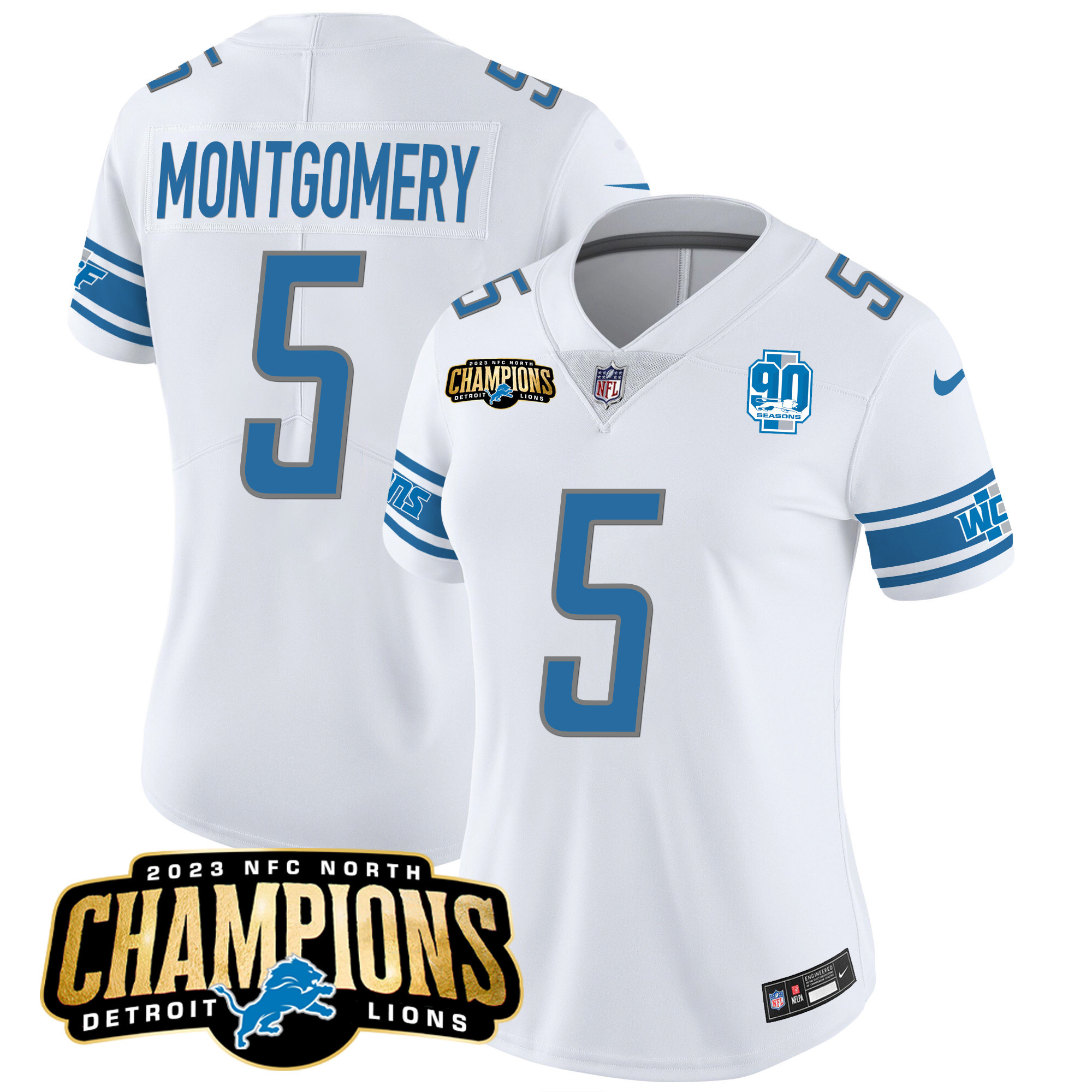 David Montgomery Women's Detroit Lions 2023 NFC North Champions Patch Vapor White Jersey - All Stitched 