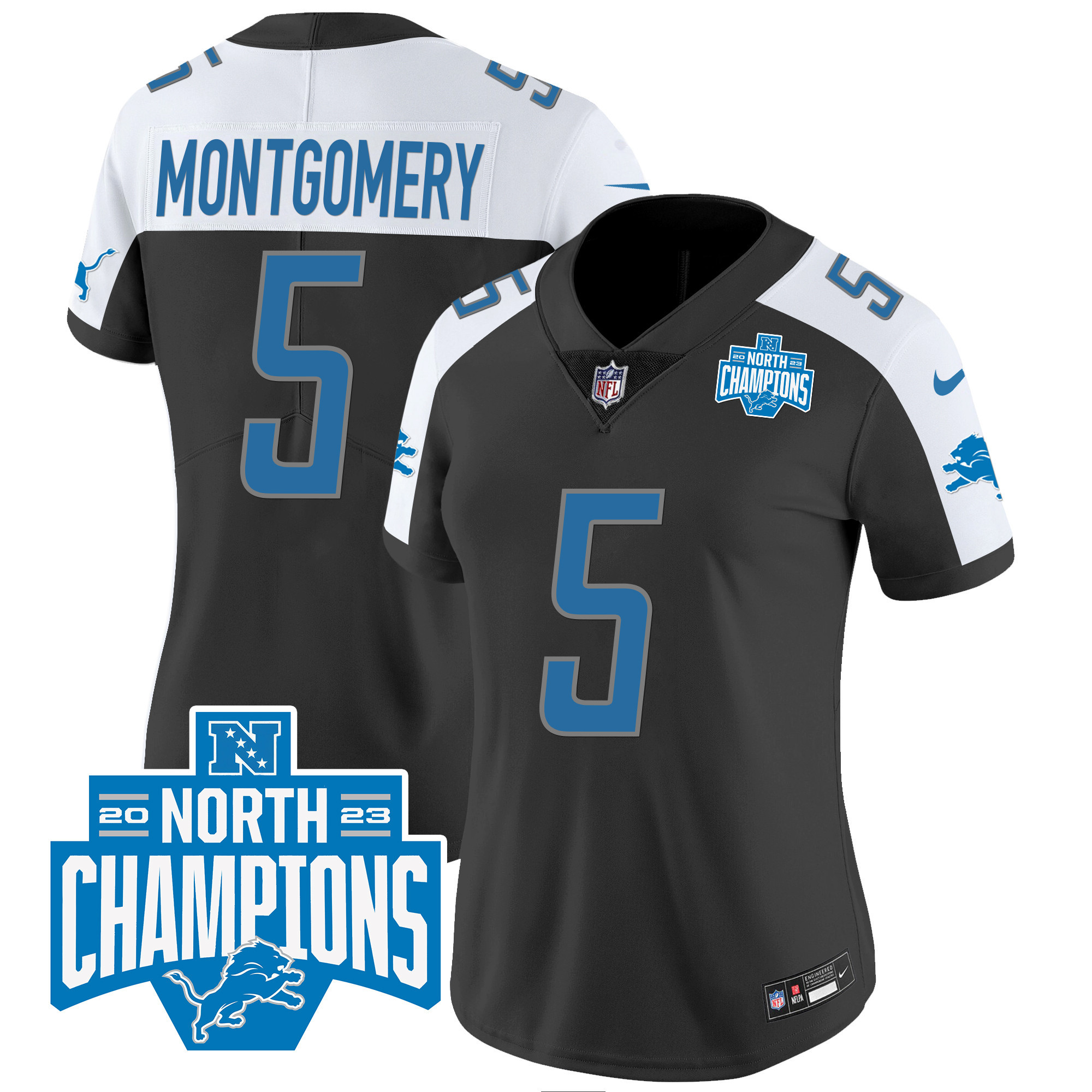 David Montgomery Women's Detroit Lions 2023 NFC North Division Champions Patch Vapor Black Alternate Jersey - All Stitched 