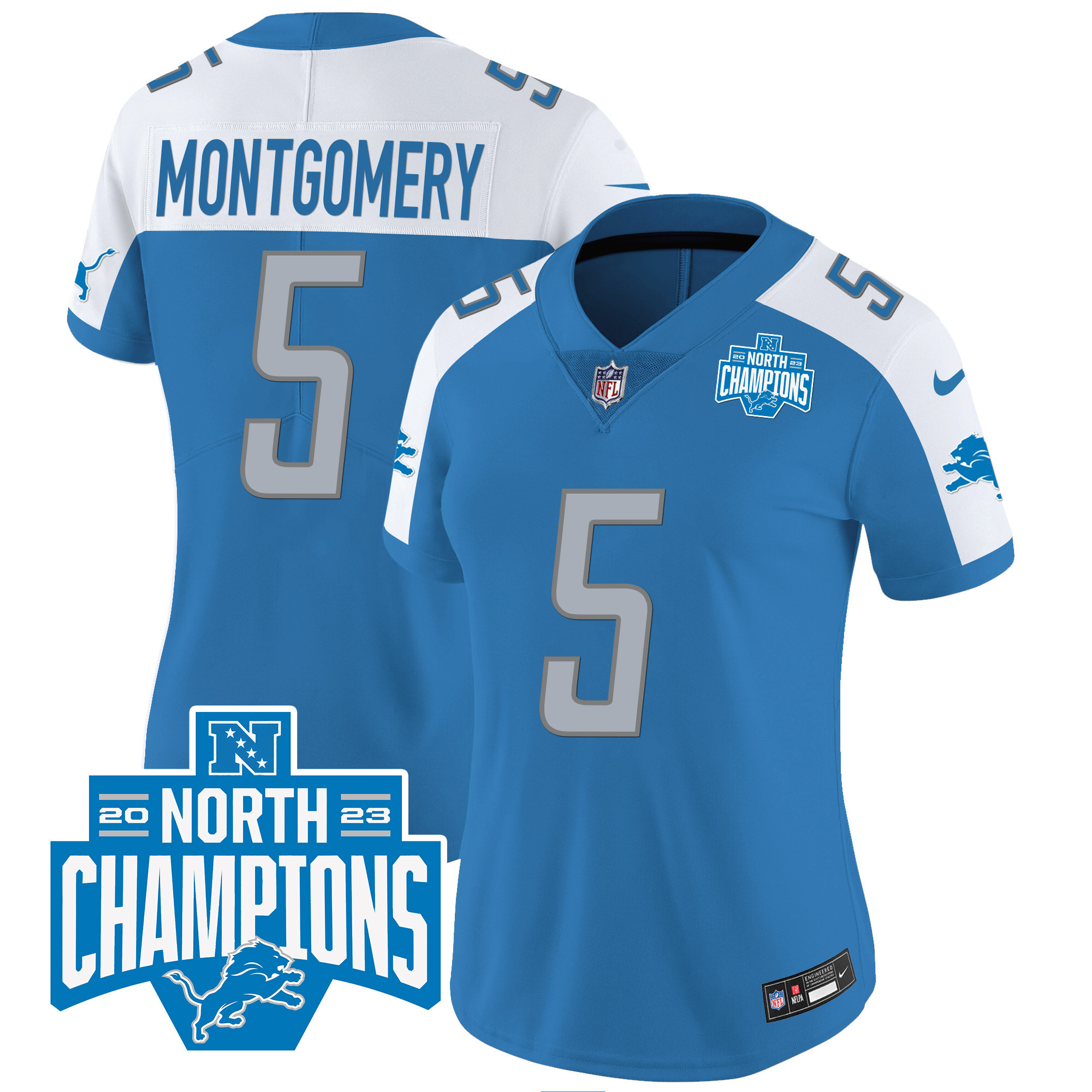 David Montgomery Women's Detroit Lions 2023 NFC North Division Champions Patch Vapor Blue Alternate Jersey - All Stitched 