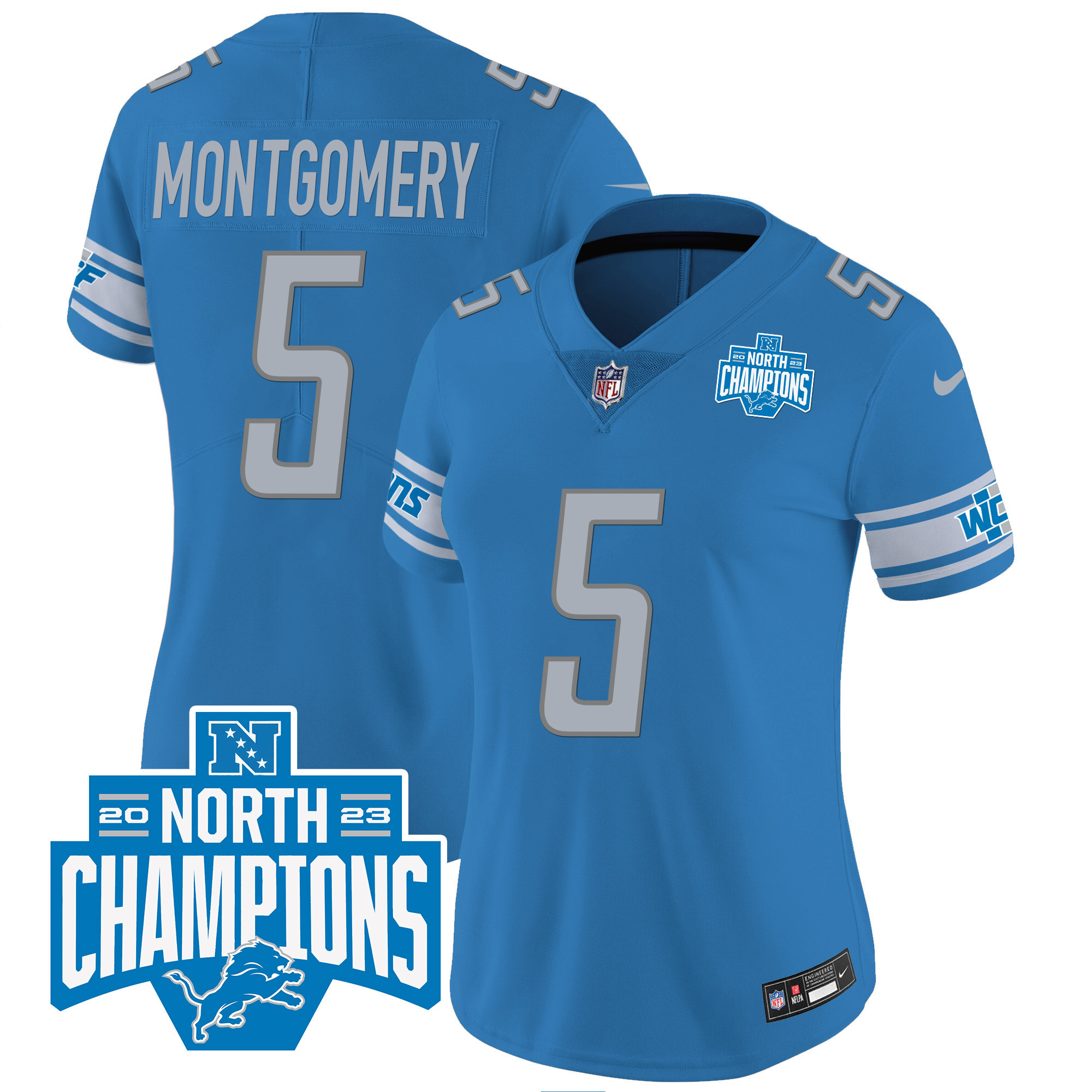 David Montgomery Women's Detroit Lions 2023 NFC North Division Champions Patch Vapor Blue Jersey - All Stitched 