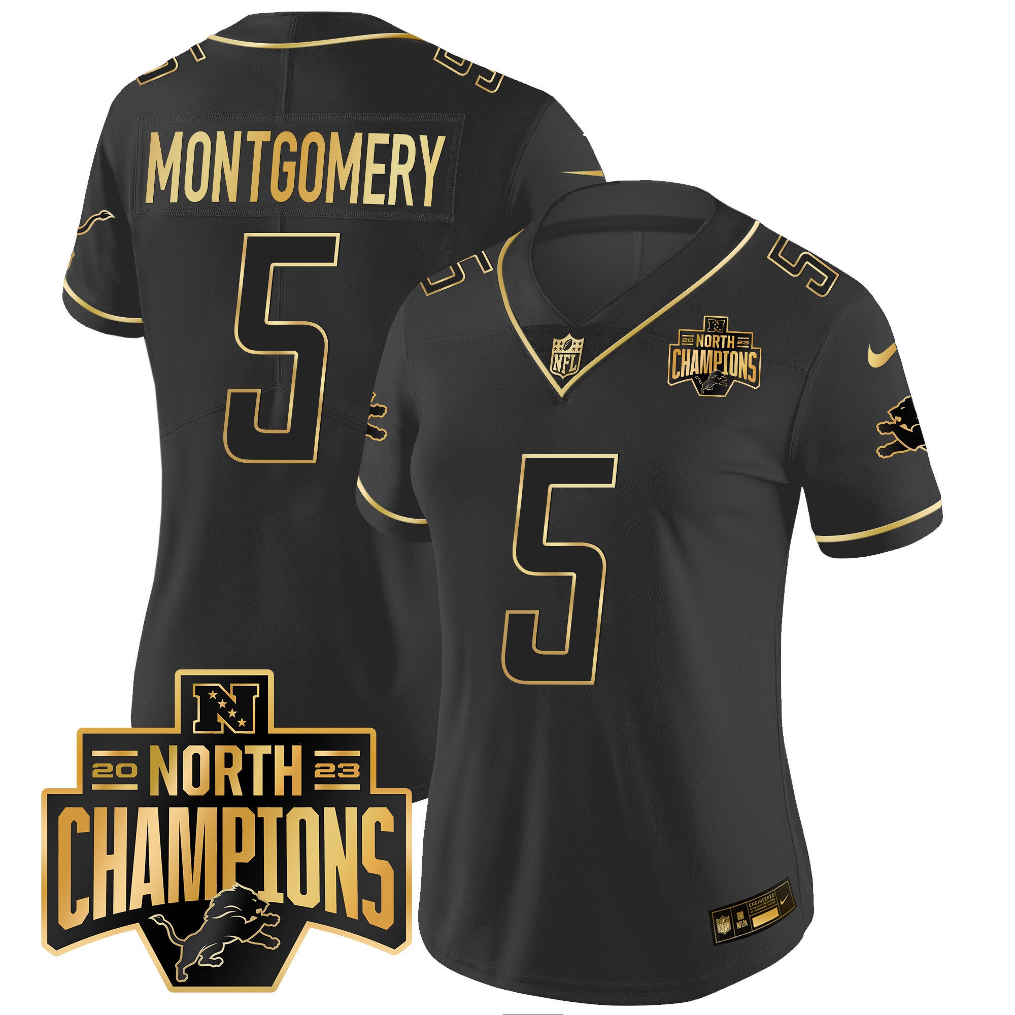 David Montgomery Women's Detroit Lions 2023 NFC North Division Champions Patch Vapor Gold Black Gold Jersey - All Stitched 