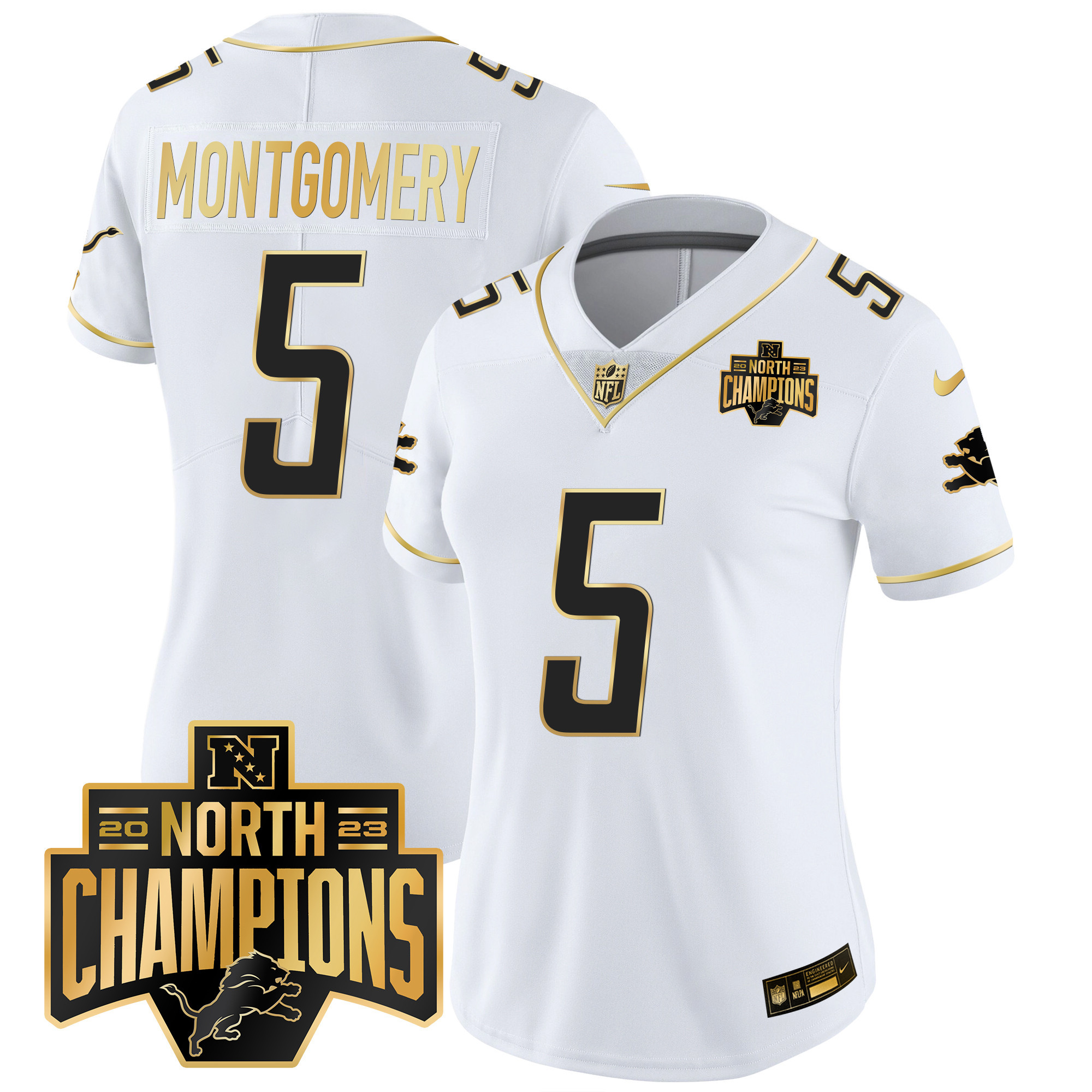 David Montgomery Women's Detroit Lions 2023 NFC North Division Champions Patch Vapor Gold White Gold Jersey - All Stitched 