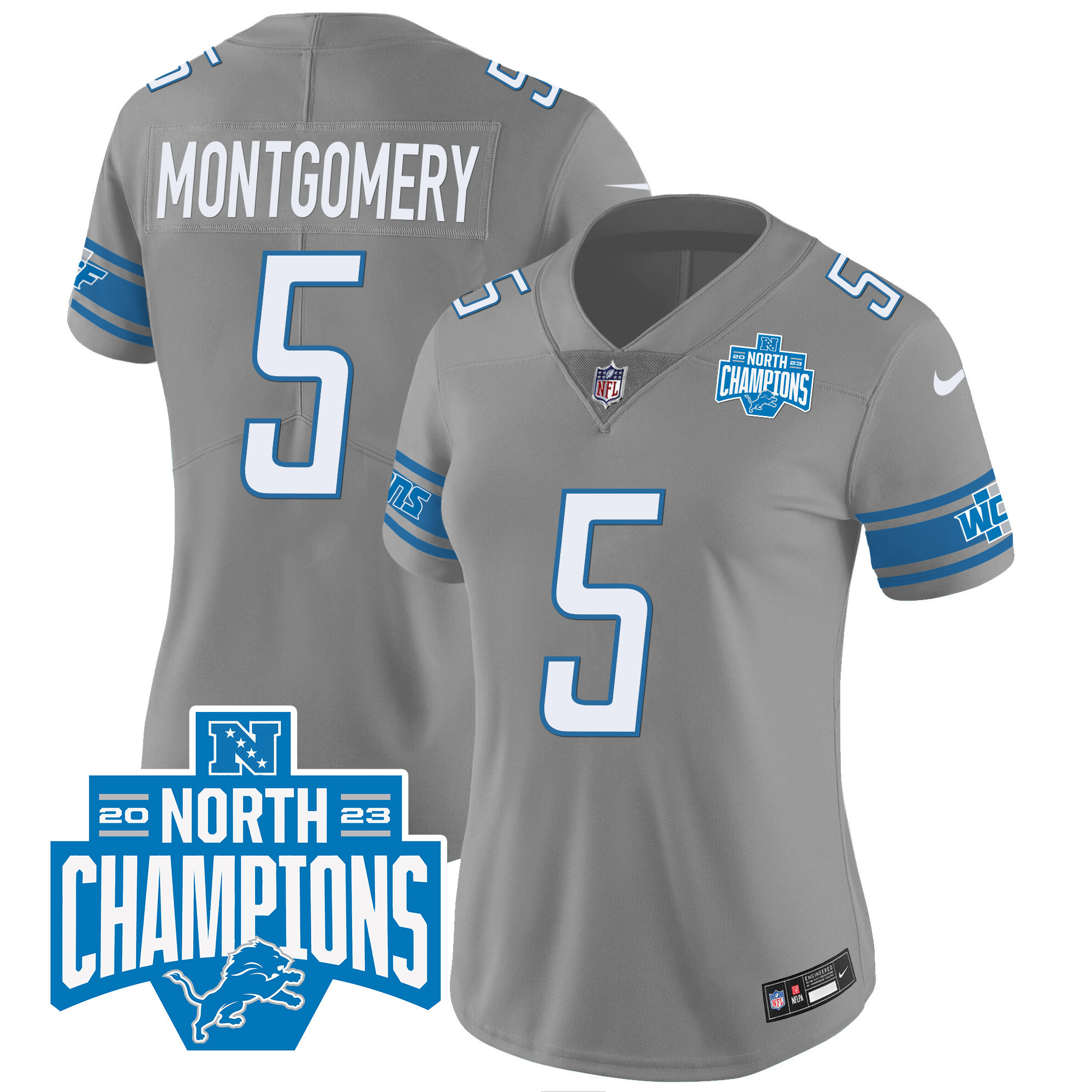 David Montgomery Women's Detroit Lions 2023 NFC North Division Champions Patch Vapor Gray Jersey - All Stitched 