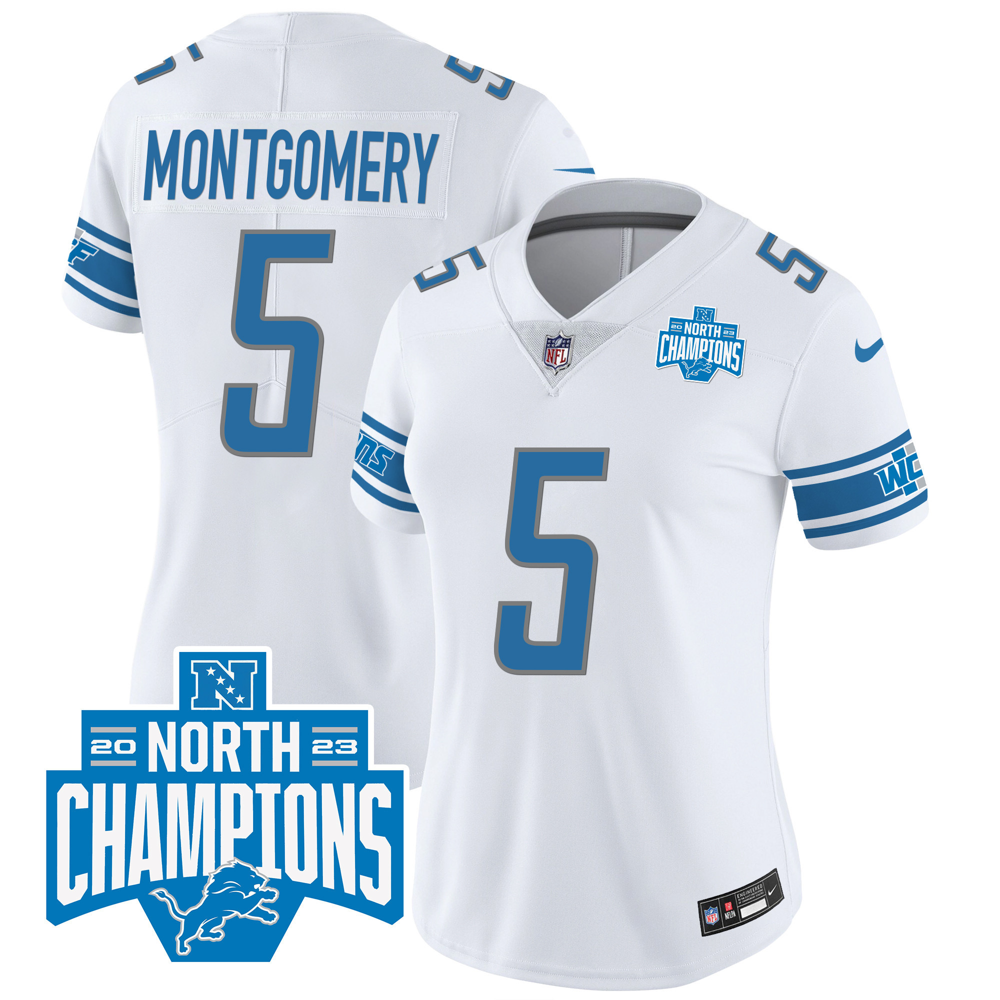 David Montgomery Women's Detroit Lions 2023 NFC North Division Champions Patch Vapor White Jersey - All Stitched 