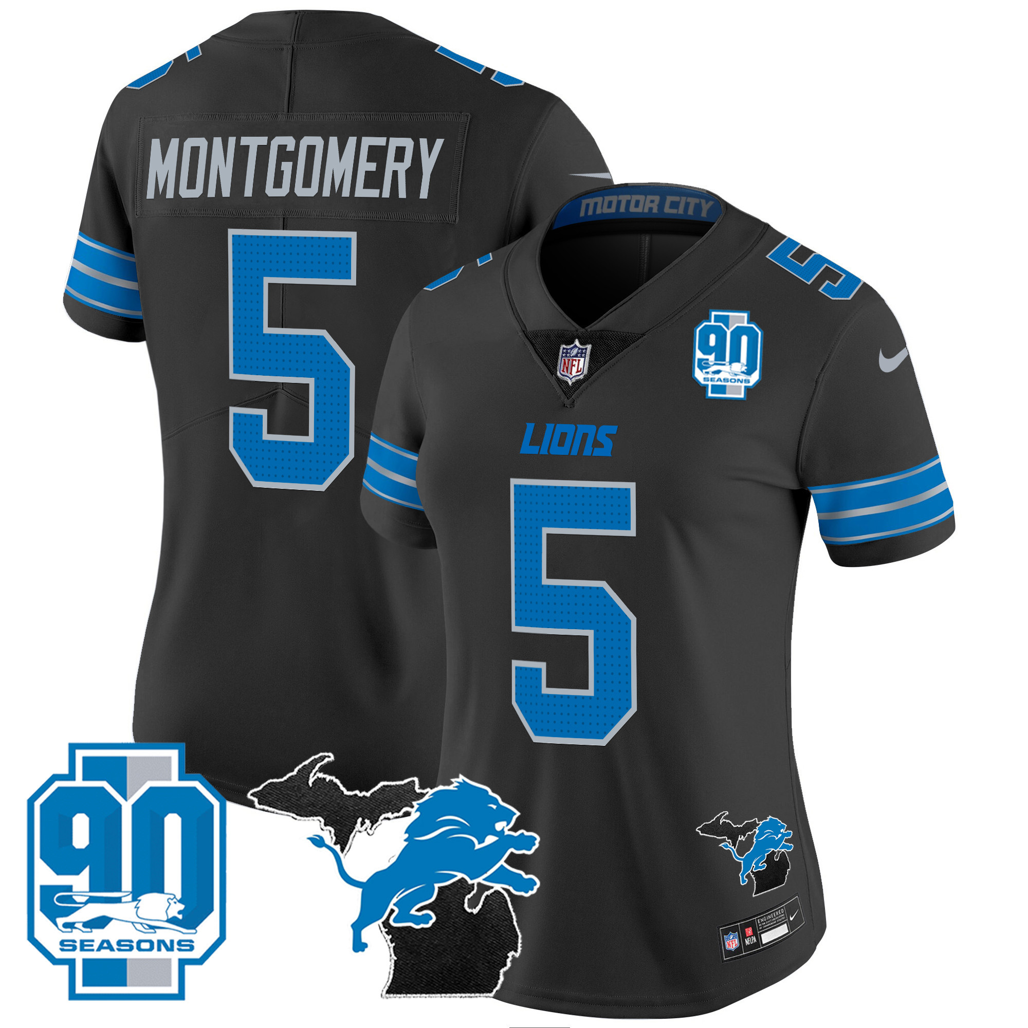 David Montgomery Women's Detroit Lions 2024 Michigan & 90th Year Patch Vapor Black Jersey - All Stitched 