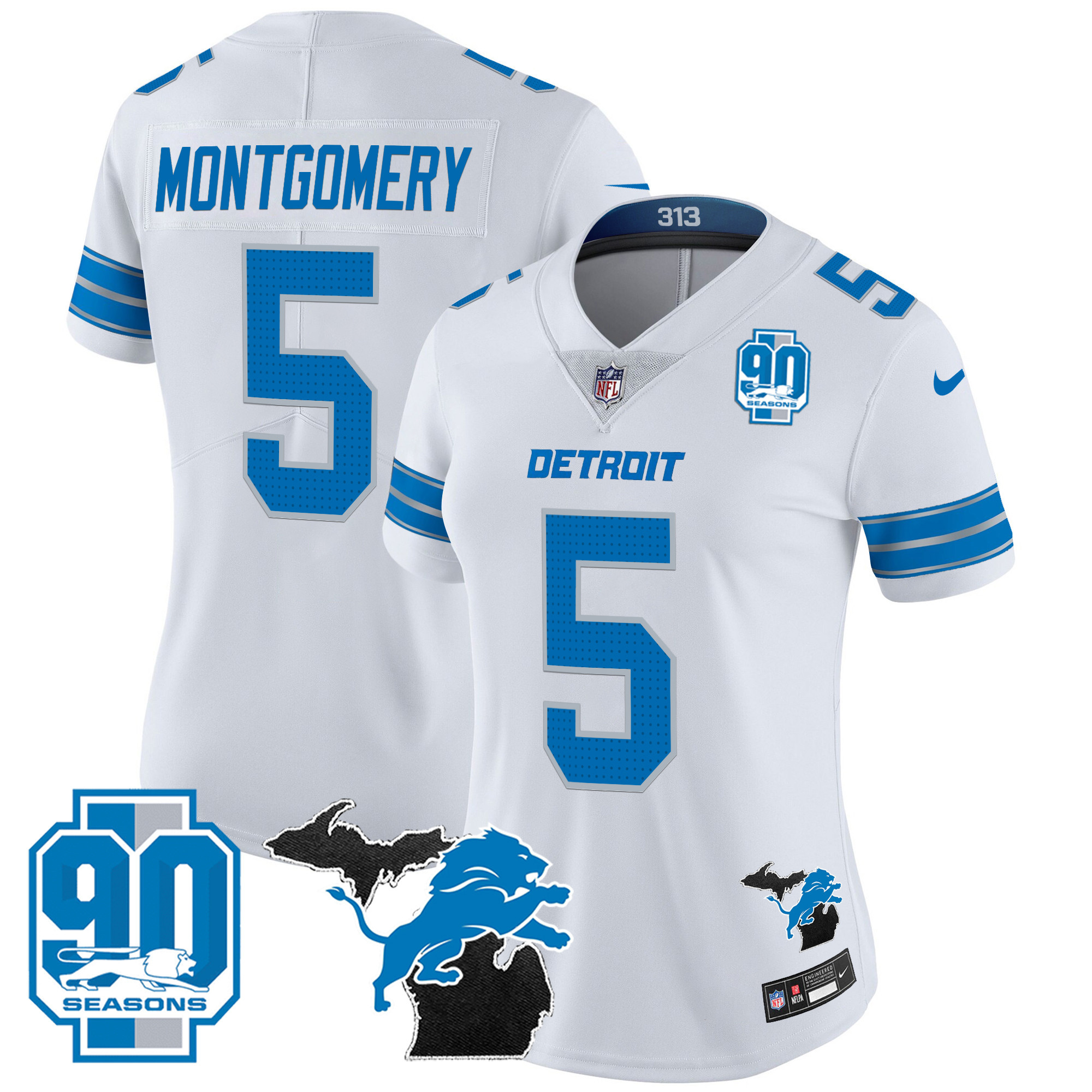David Montgomery Women's Detroit Lions 2024 Michigan & 90th Year Patch Vapor White Jersey - All Stitched 
