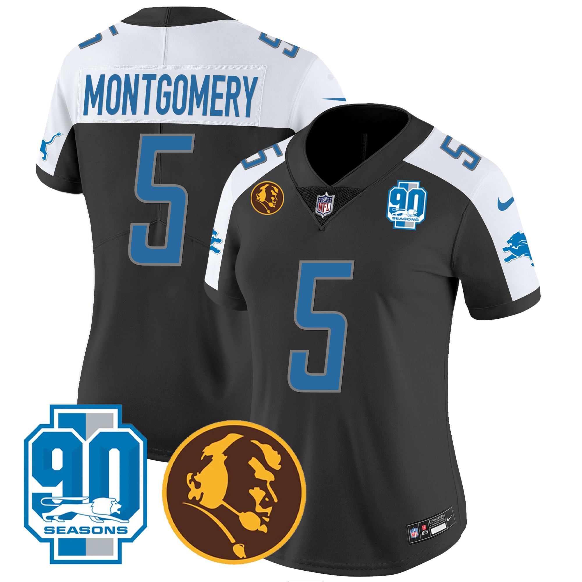 David Montgomery Women's Detroit Lions 90th & John Madden Patch Black Alternate Jersey - All Stitched 