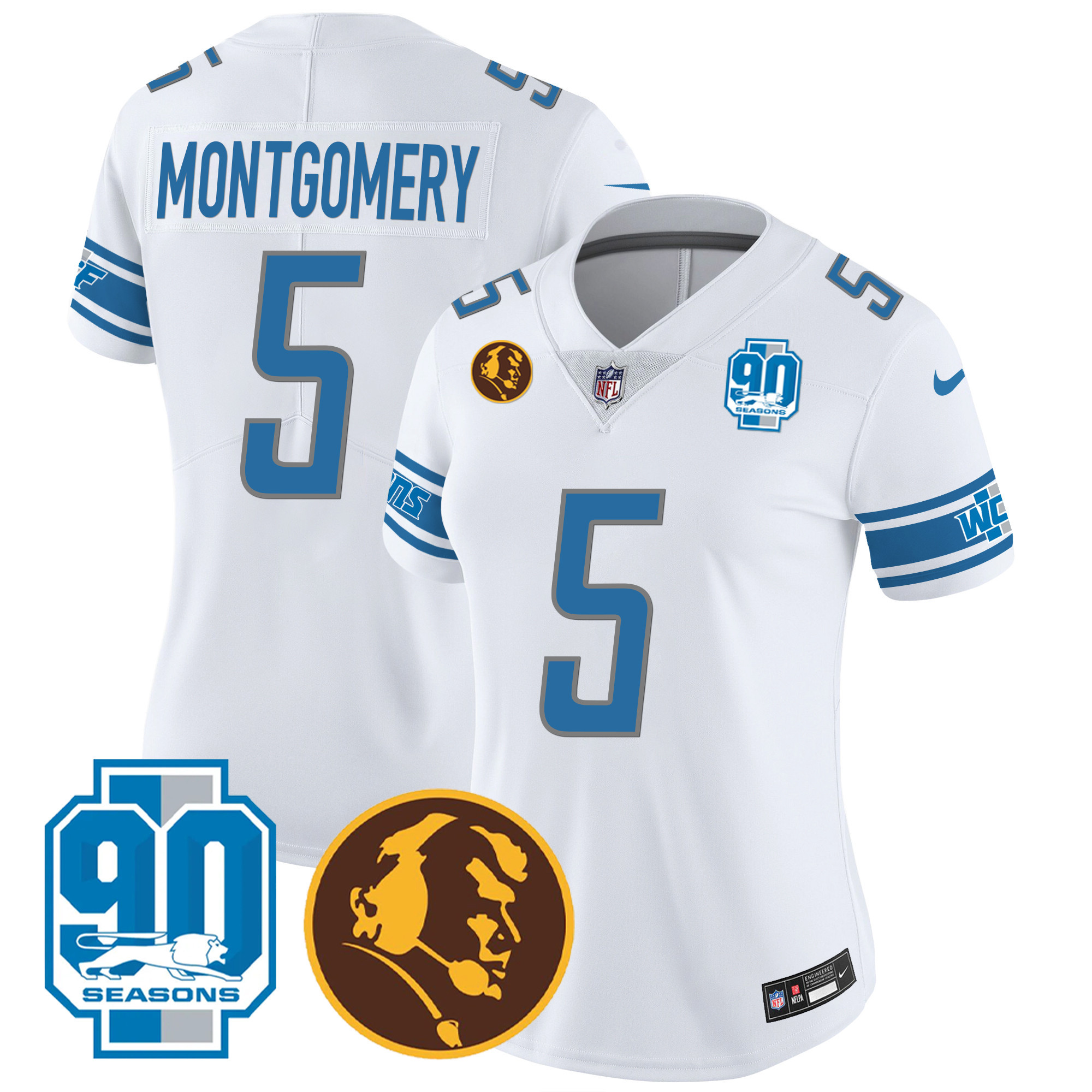 David Montgomery Women's Detroit Lions 90th & John Madden Patch White Jersey - All Stitched 
