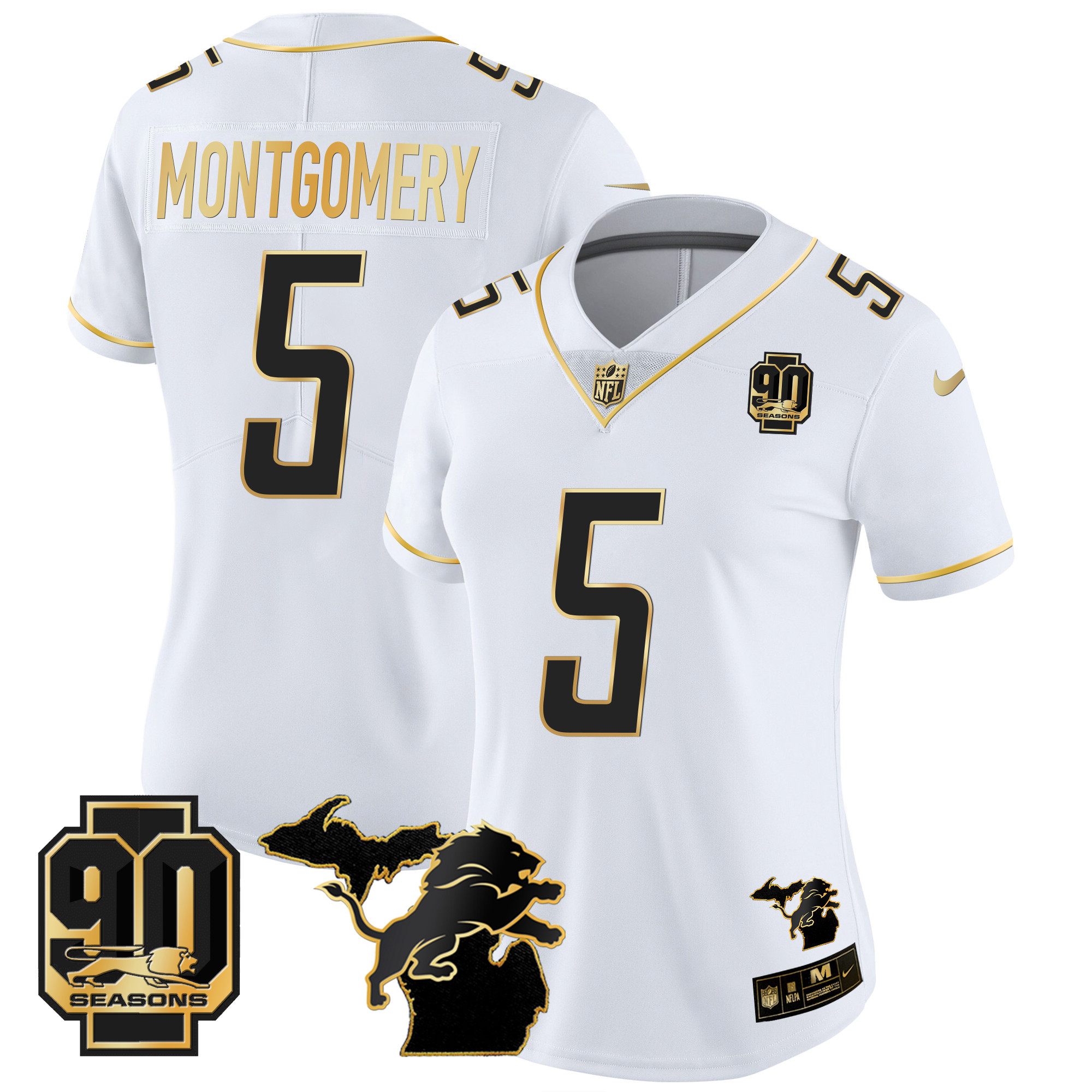 David Montgomery Women's Detroit Lions 90th Year & Michigan Patch Gold Vapor White Gold Jersey - All Stitched 