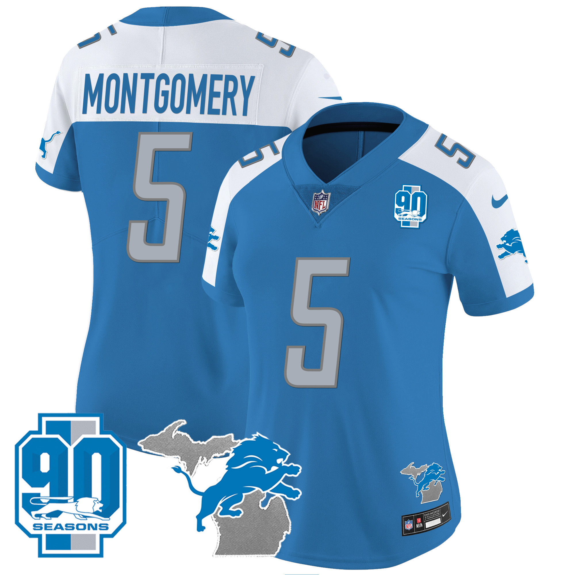 David Montgomery Women's Detroit Lions 90th Year & Michigan Patch Vapor Blue Alternate Jersey - All Stitched 