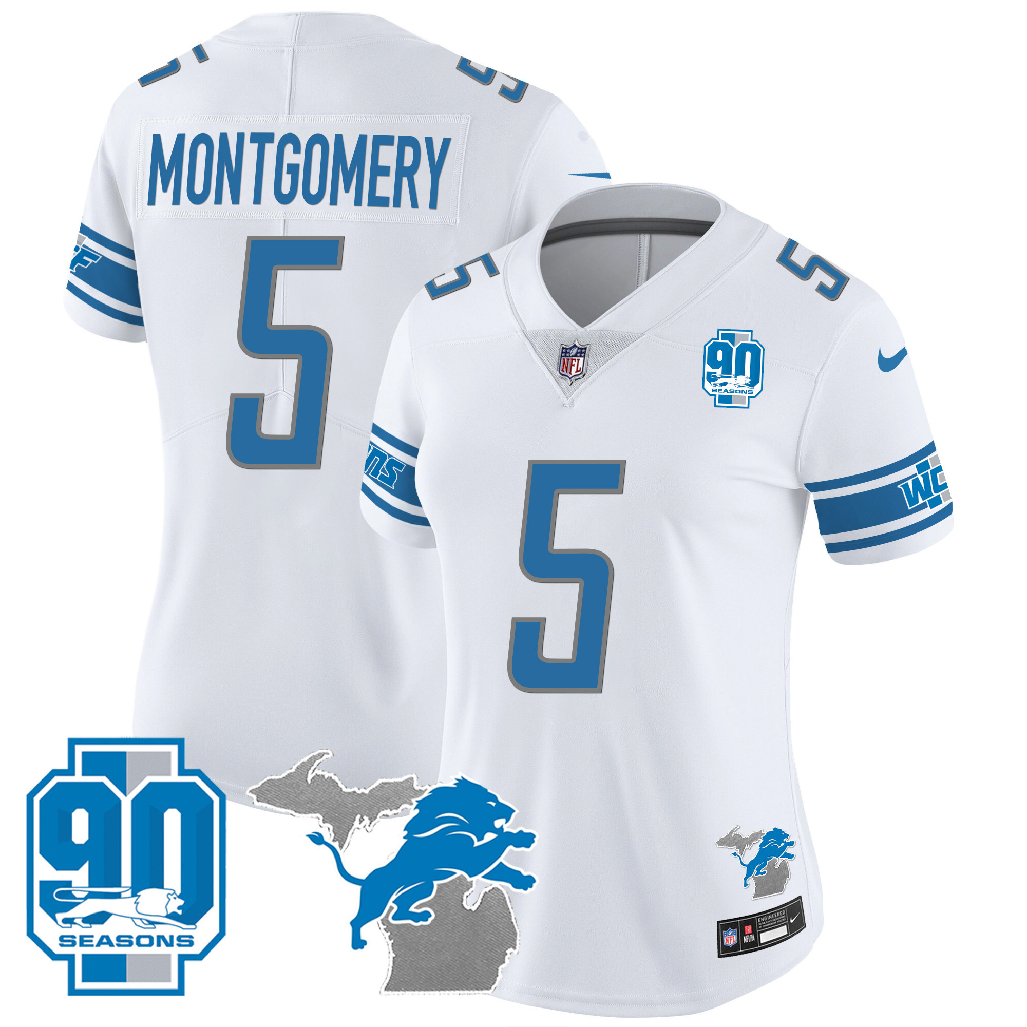 David Montgomery Women's Detroit Lions 90th Year & Michigan Patch Vapor White Jersey - All Stitched 