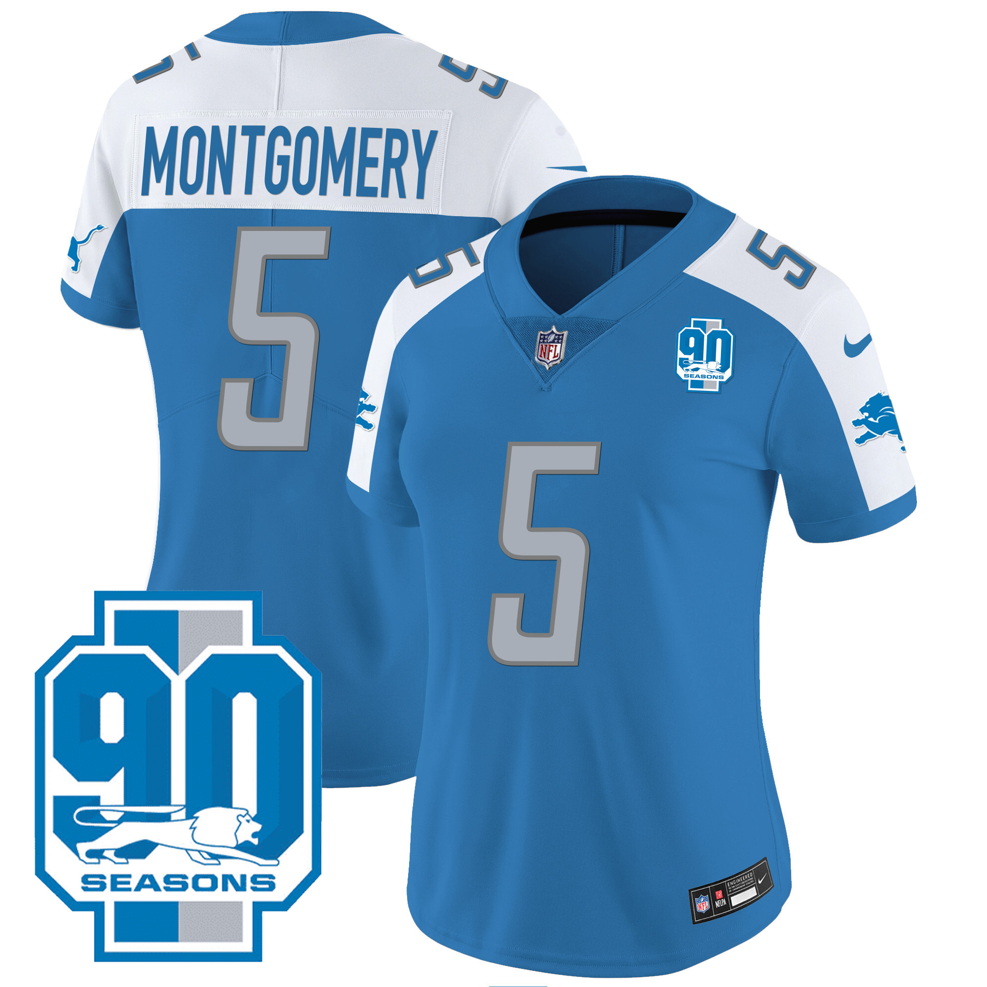 David Montgomery Women's Detroit Lions 90th Year Patch Blue Alternate Jersey - All Stitched 
