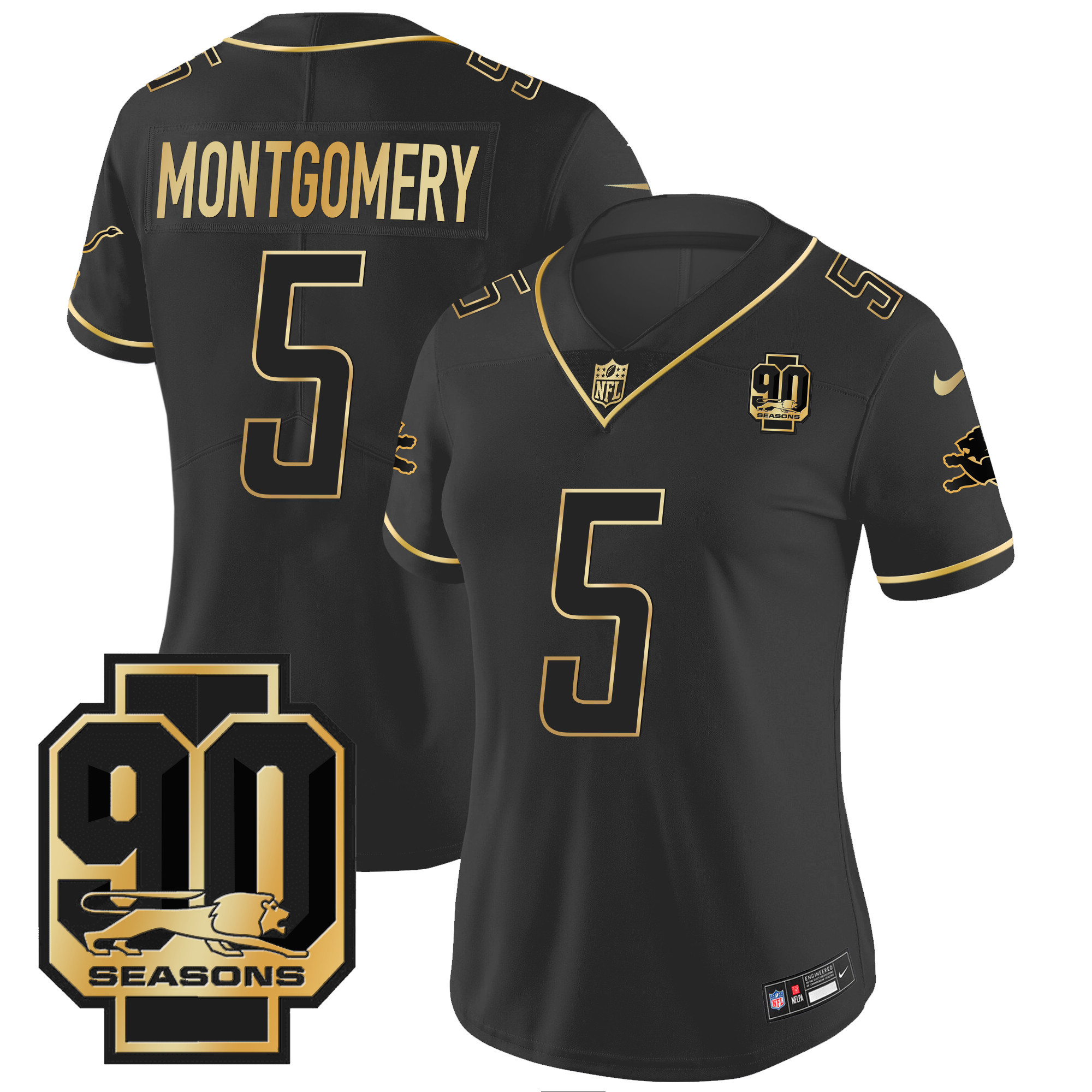 David Montgomery Women's Detroit Lions 90th Year Patch Gold Black Gold Jersey - All Stitched 