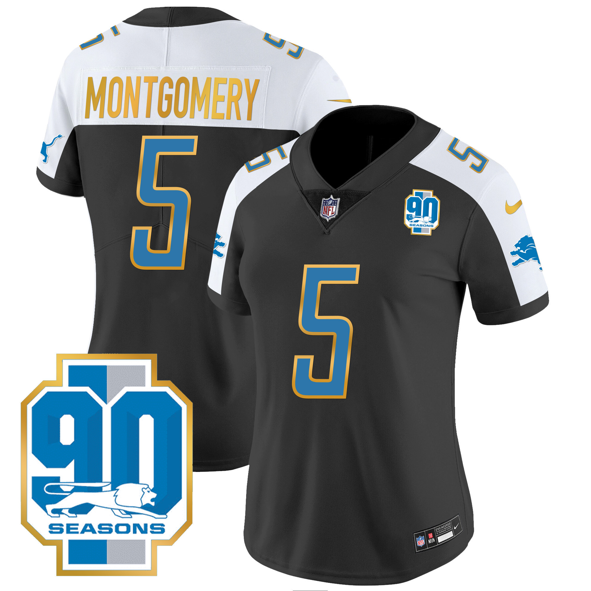 David Montgomery Women's Detroit Lions 90th Year Patch Gold Trim Black Alternate Jersey - All Stitched 