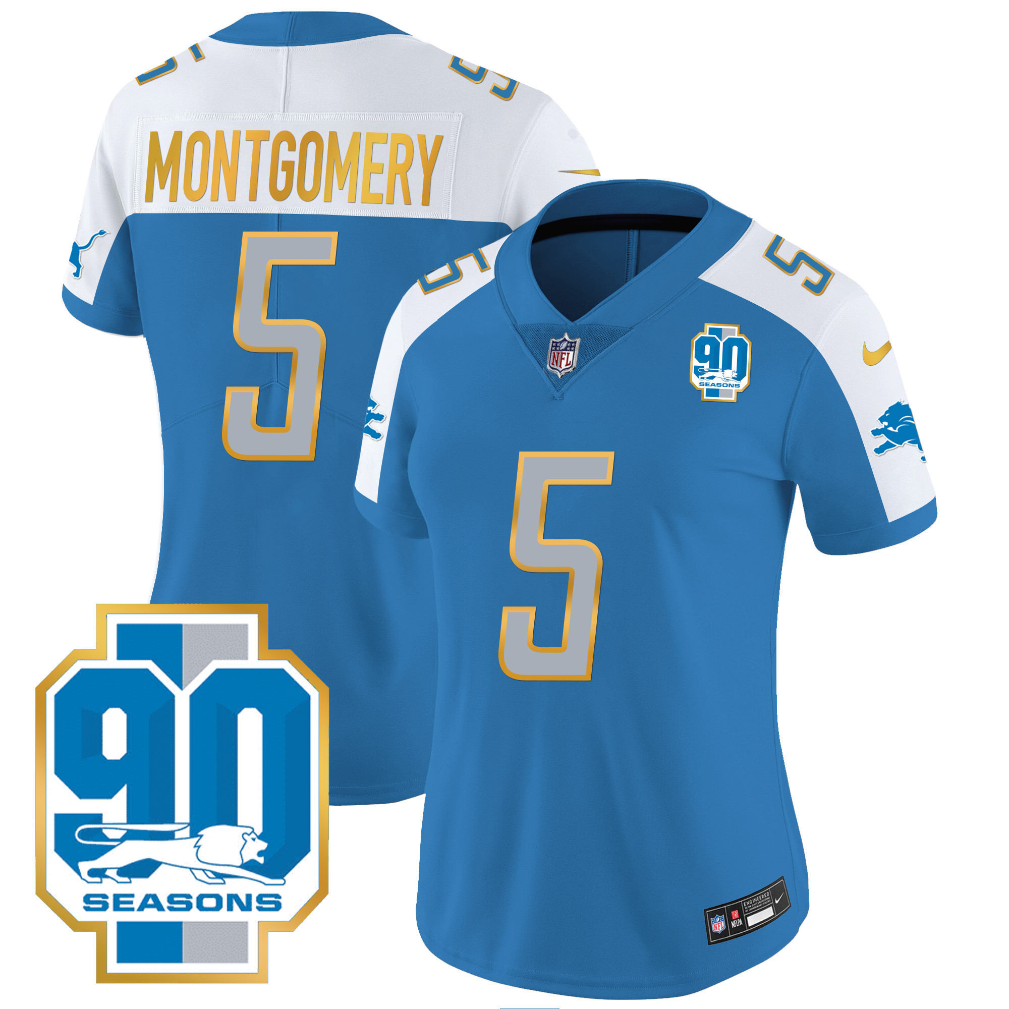 David Montgomery Women's Detroit Lions 90th Year Patch Gold Trim Blue Alternate Jersey - All Stitched 
