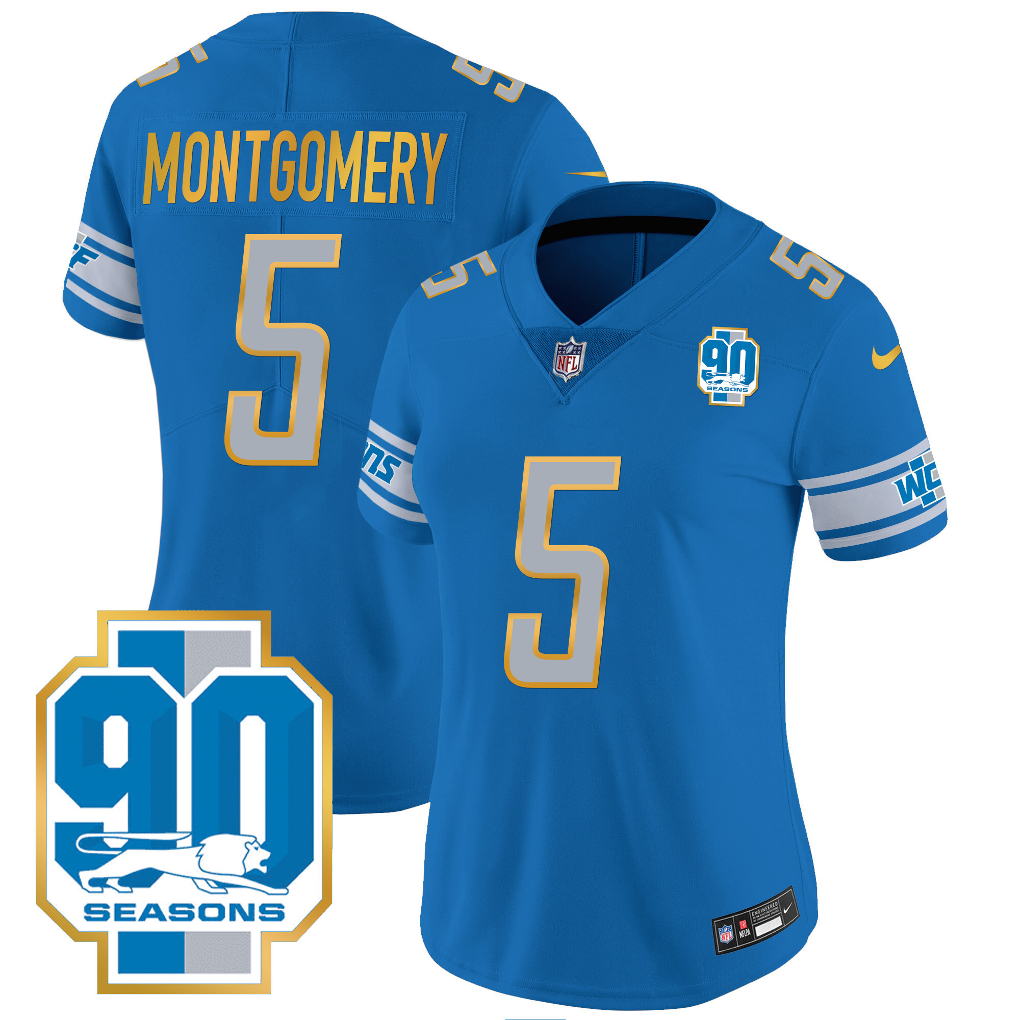 David Montgomery Women's Detroit Lions 90th Year Patch Gold Trim Blue Jersey - All Stitched 