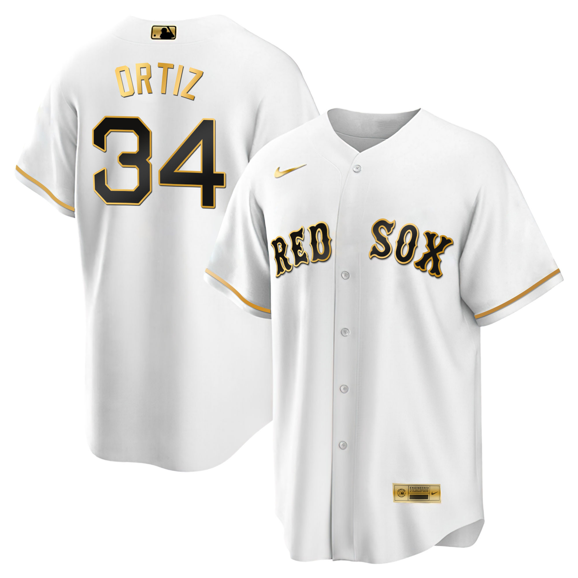 David Ortiz Boston Red Sox Black & White Gold Cool White Jersey - All Stitched