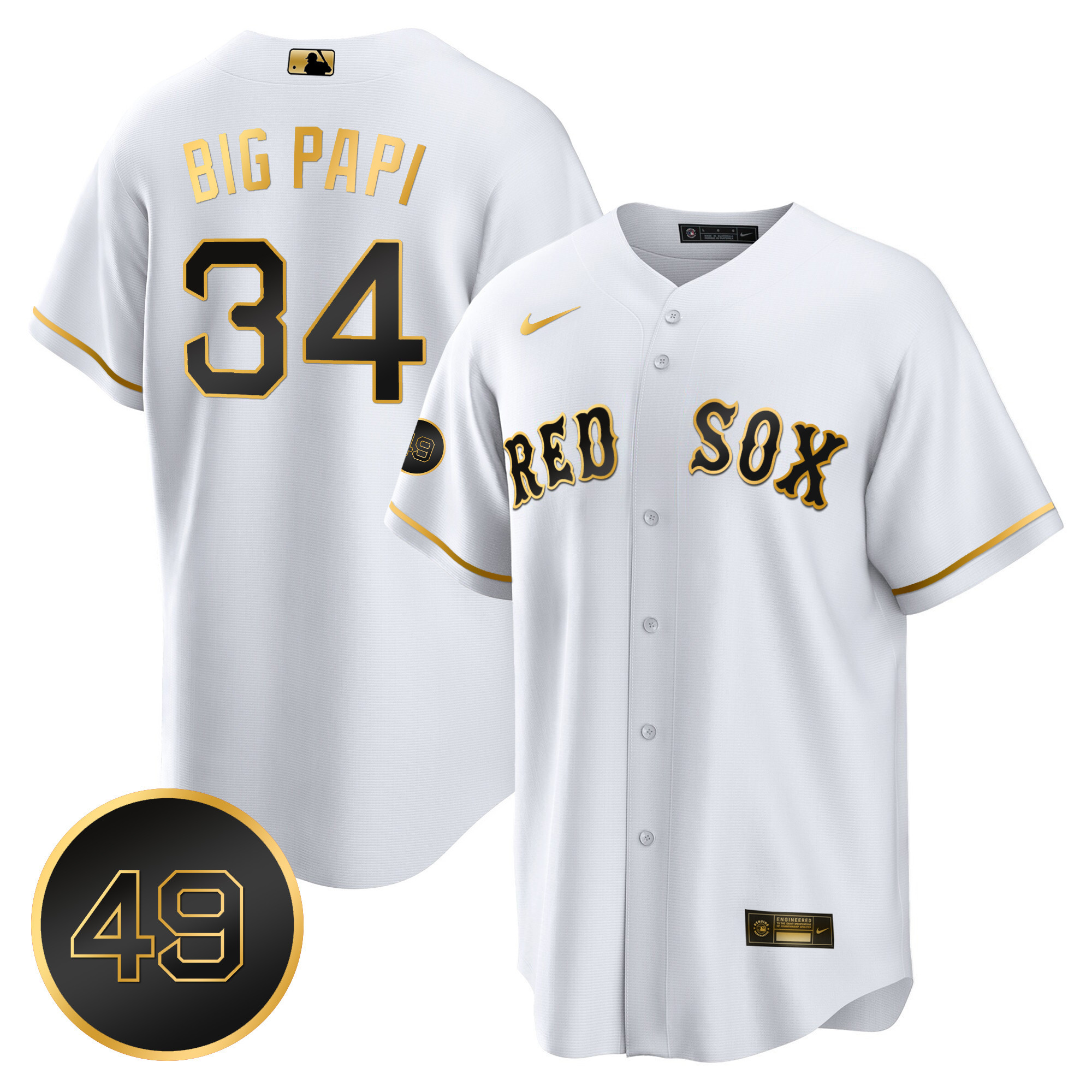 David Ortiz Men's Boston Red Sox #49 Tim Wakefield Patch Cool Base White Gold Jersey - All Stitched