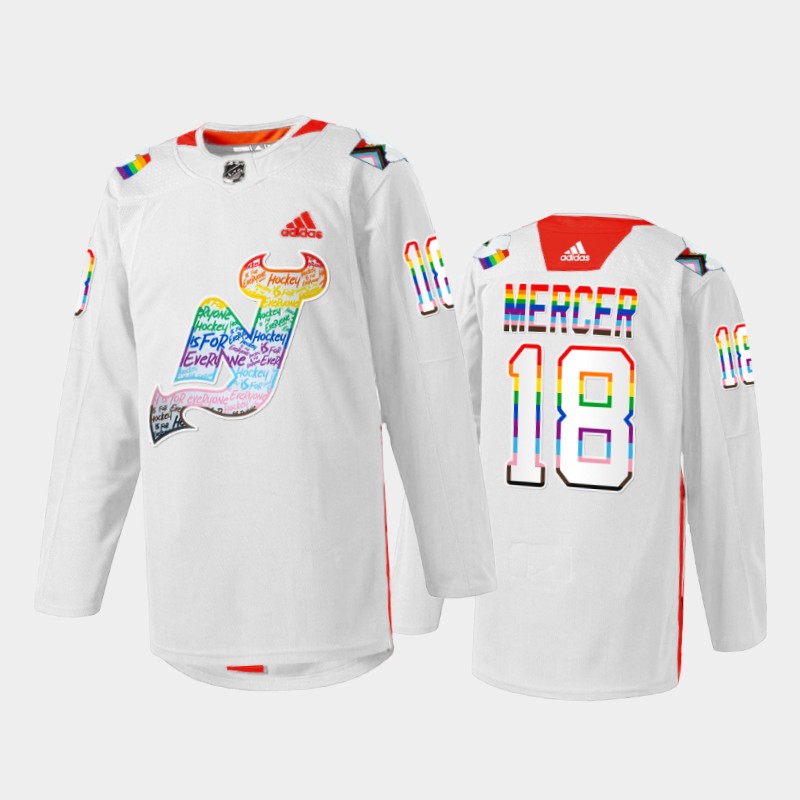 Dawson Mercer New Jersey Devils LGBTQ Pride Night 2022 Jersey White #18 Warmup