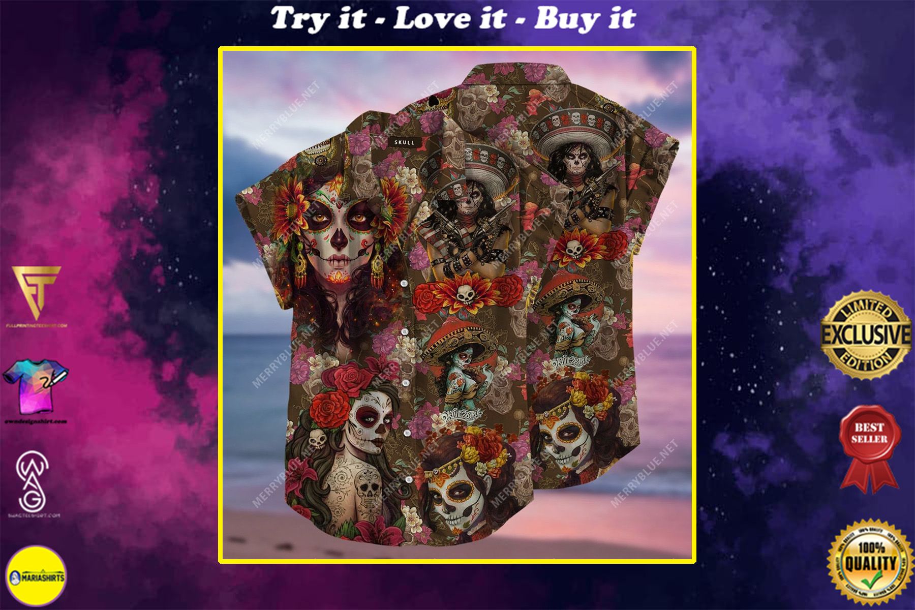Day Of The Dead Sugar Skull All Over Printed Hawaiian Shirt