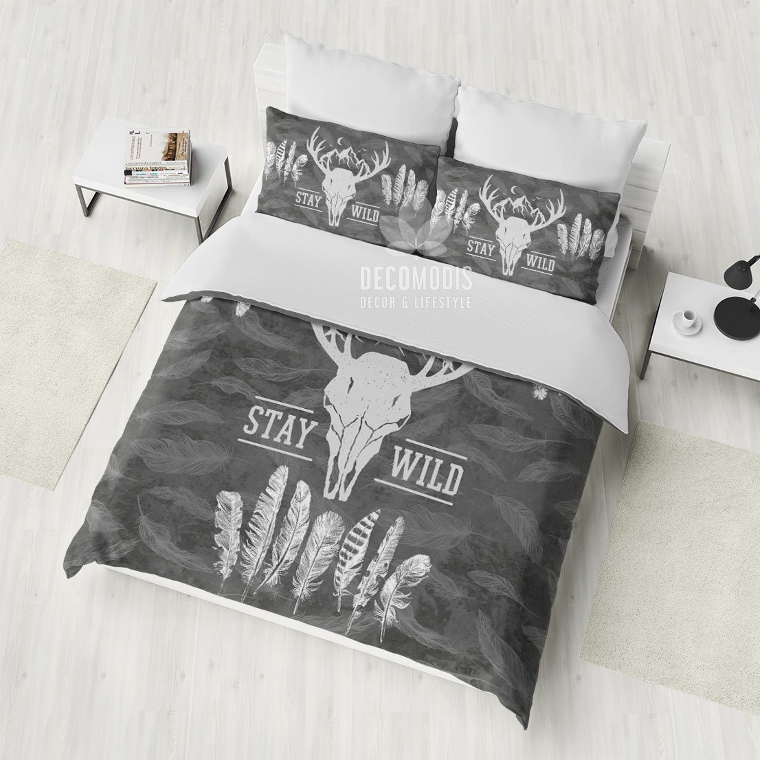 Deer Skull , Boho , Stay Wild , Boho Skull Duvet Cover Bedding Set