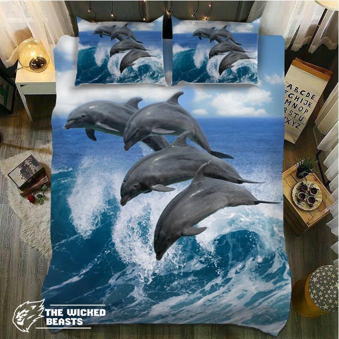 Default Dolphins Jumping Over Waves 3D Customized Duvet Cover Bedding Set