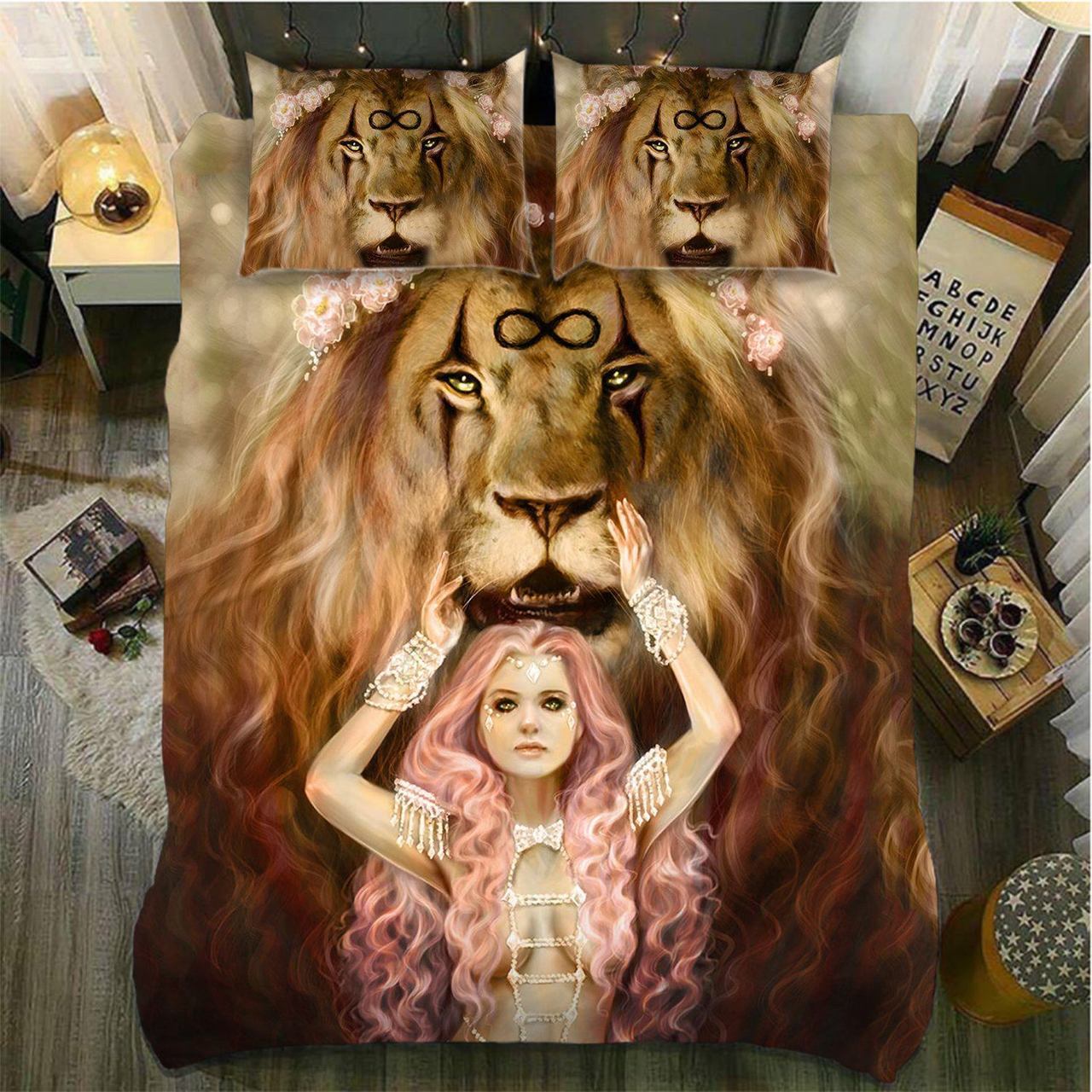 Default Lion Curly Mane And Girl3D Customized Duvet Cover Bedding Set